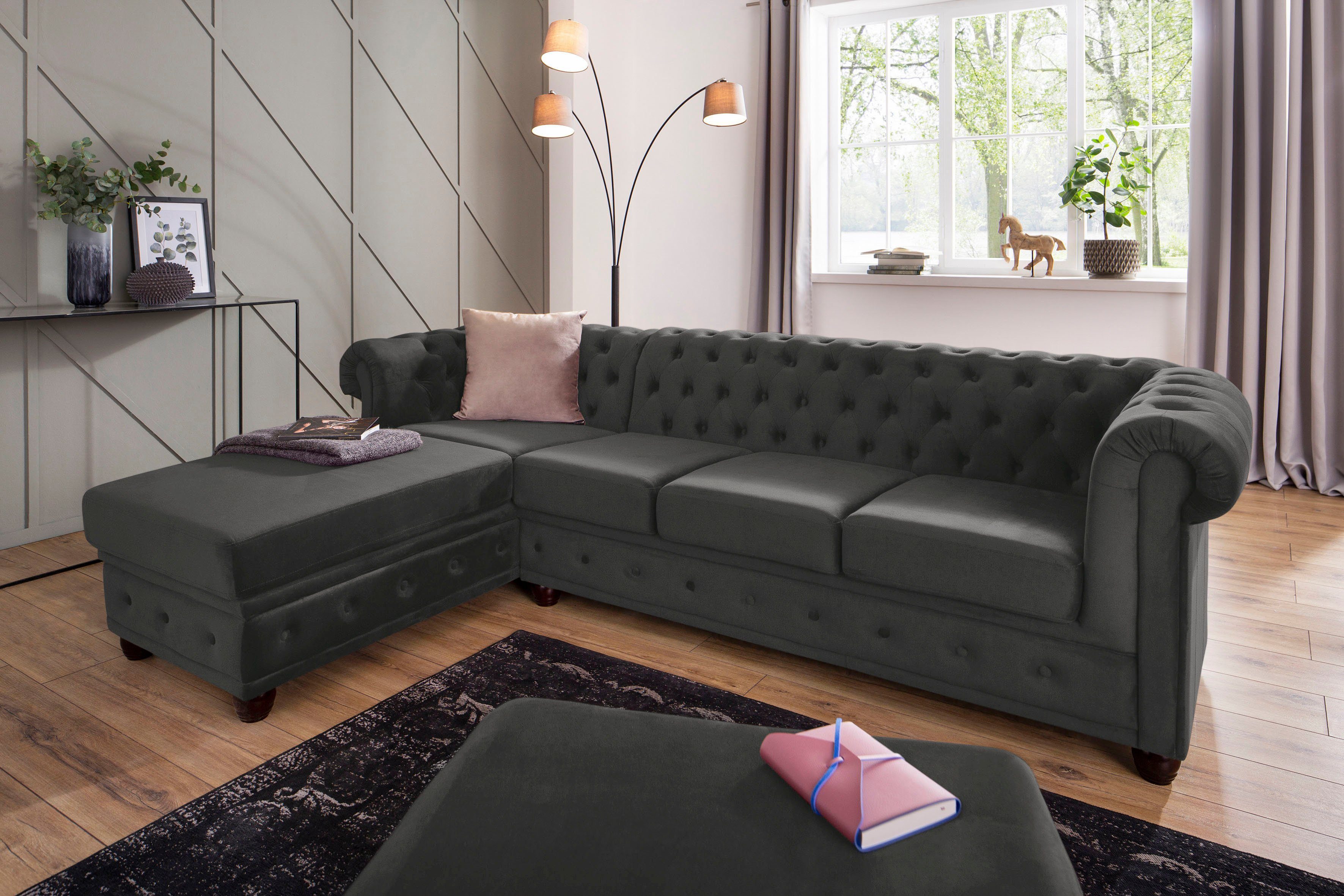 Home affaire Chesterfield-bank New Castle L-vorm hoogwaardige capitonnage in chesterfield-design, bxdxh: 255(171x72)