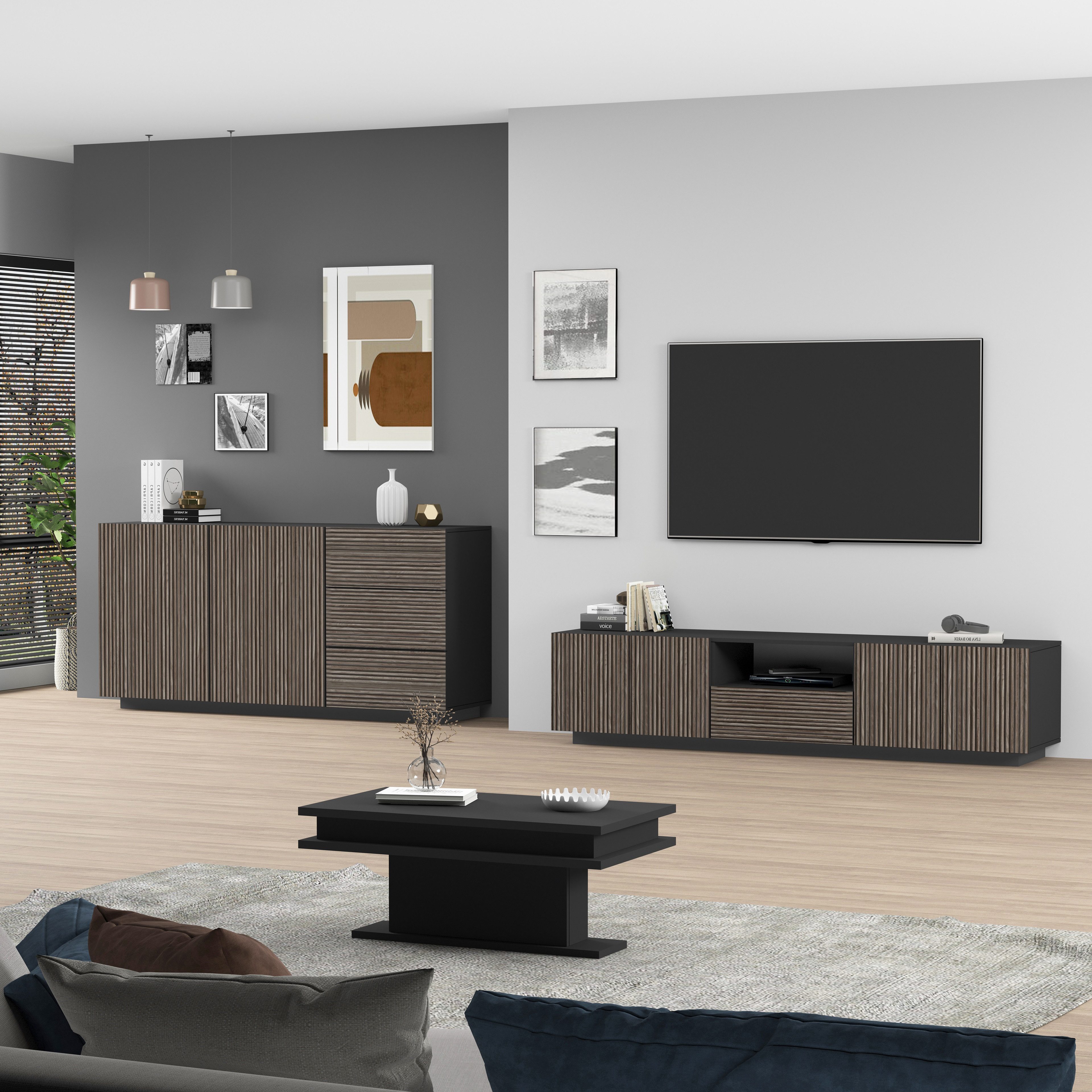 INOSIGN Tv-meubel Vega, Lowboard, TV-meubel, TV-kast, 220 cm met 4 deuren en 1 lade, fronten met groeflook