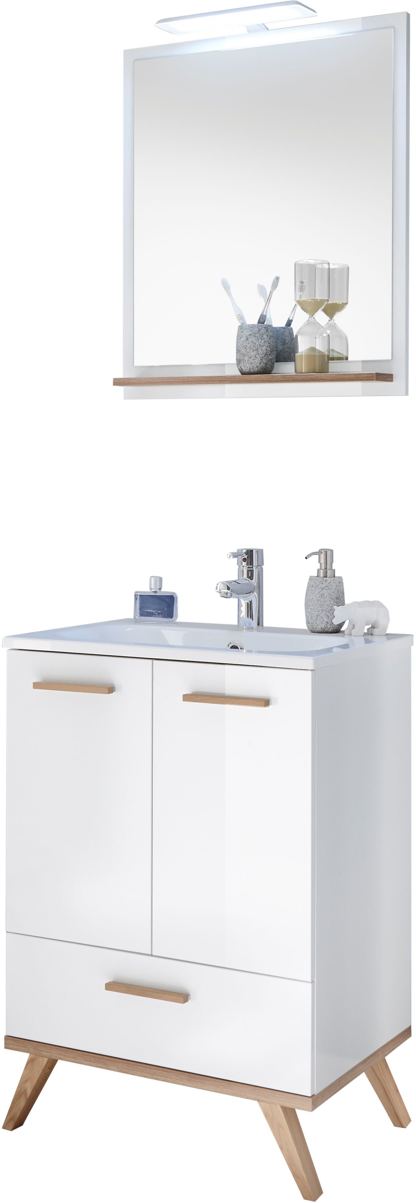 Saphir Badkamerserie Quickset 2-delig, mineraalmarmeren wastafel en LED-spiegel Wastafel 61 cm breed, 2 deuren, 1 lade, spiegelplank, bad-set (4-delig)