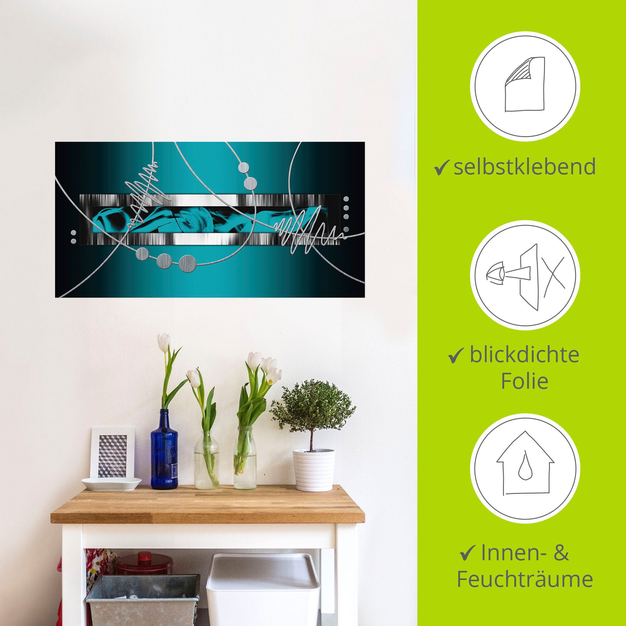 Artland Artprint Zilverkleur abstract op petrol als artprint van aluminium, artprint voor buiten, artprint op linnen, poster, muursticker