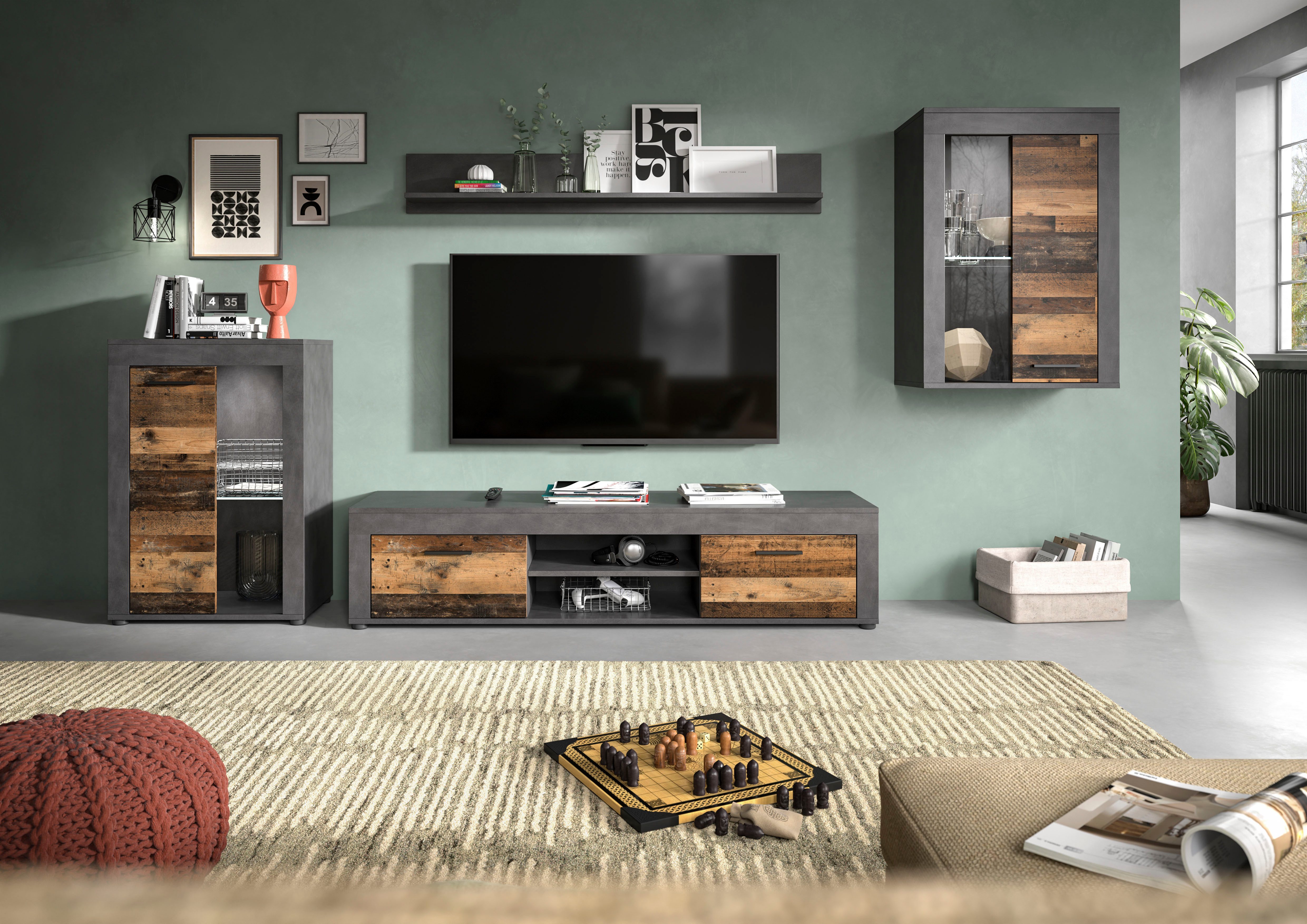 INOSIGN Wandmeubel Aosta, 4-delig, bestaande uit: 2x vitrinekast, lowboard & wandplank (4-delig)