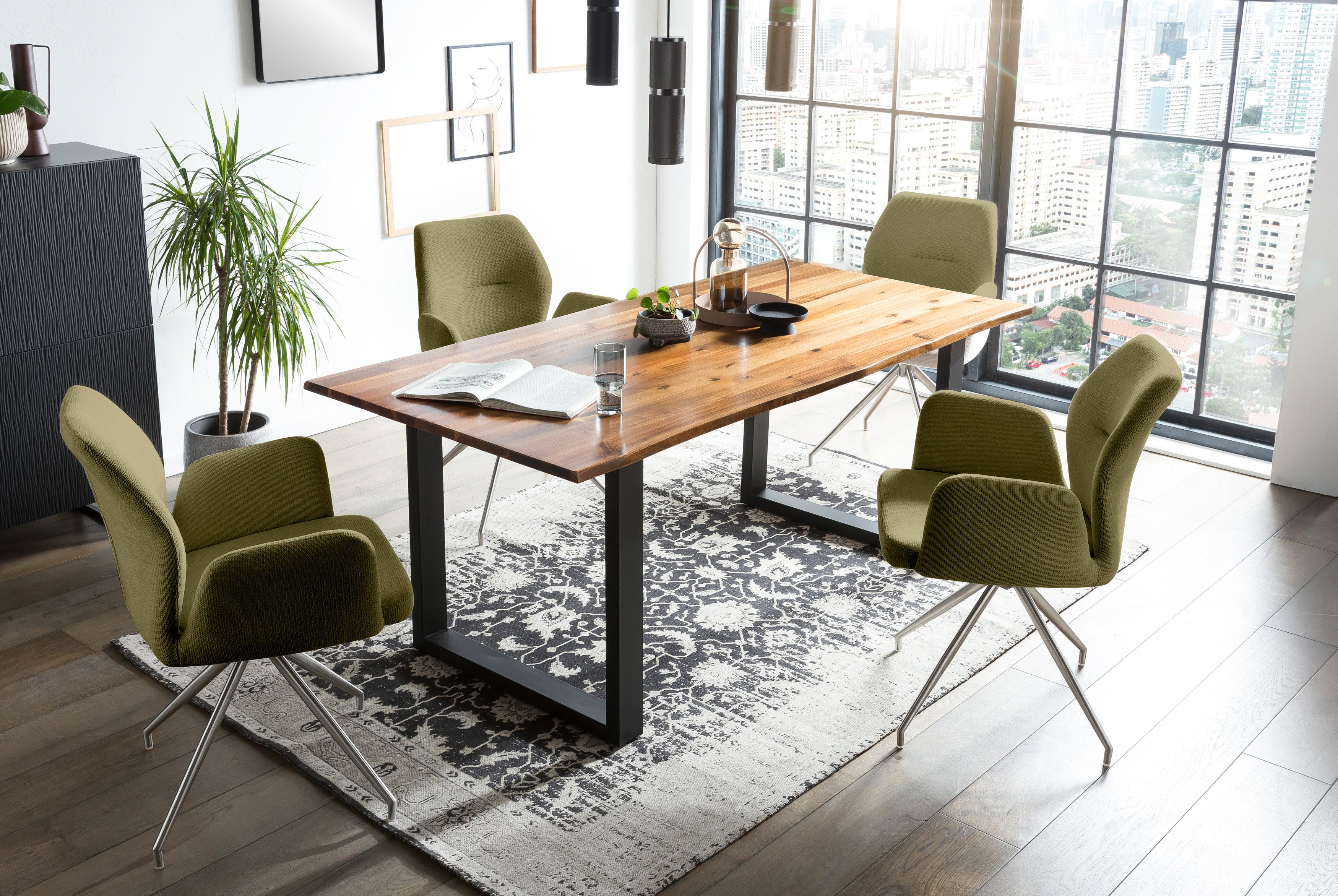 SalesFever Eethoek Tafelblad met echte boomrand, frame van roestvrij staal (set, 5-delig) eethoeken groen