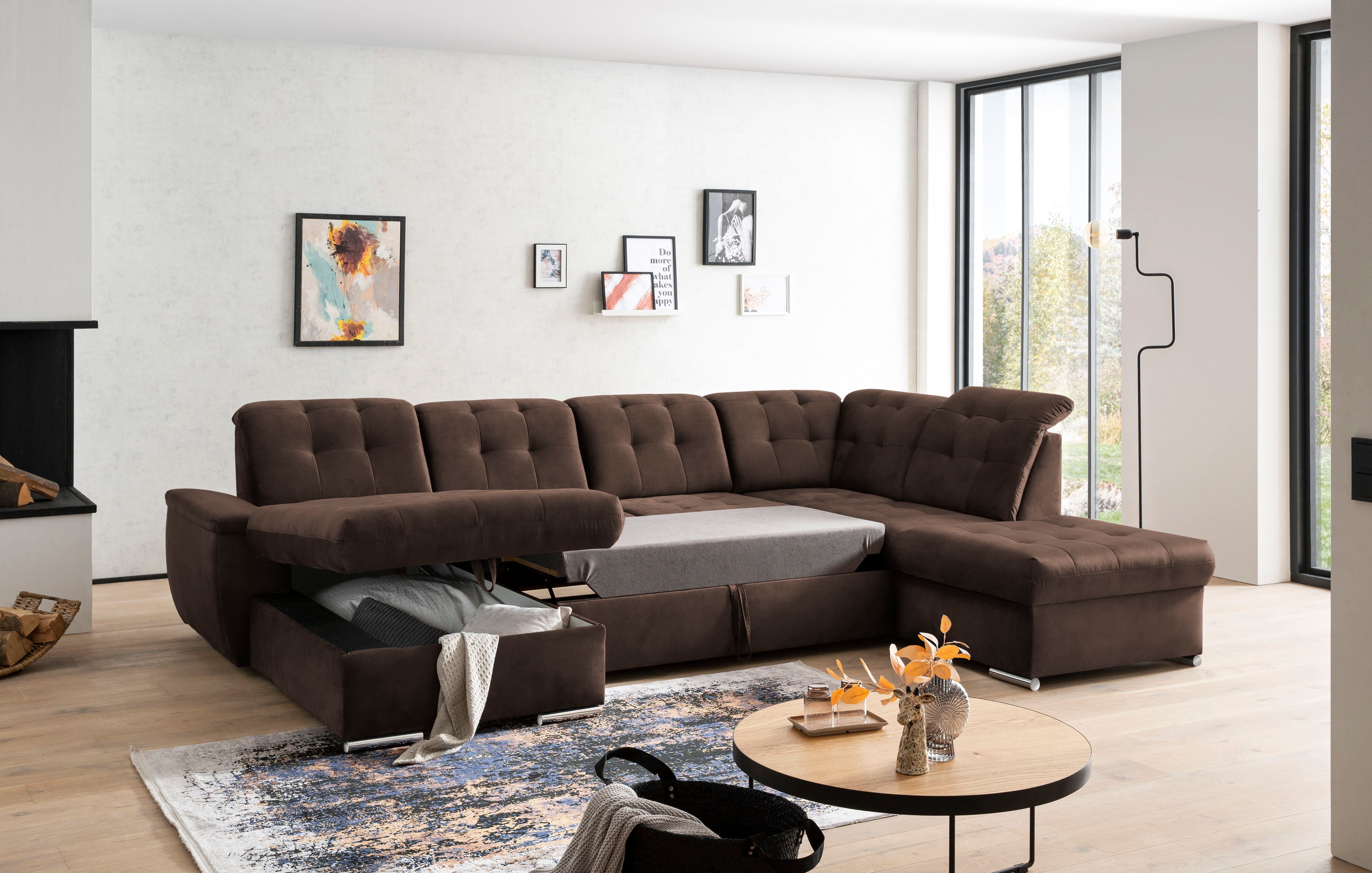 exxpo - sofa fashion Zithoek Durango, uitgebreide zit- en rugverwerking, comfortabel, U-vorm inclusief verstelbare hoofdsteun, naar keuze met slaapfunctie en bedkist (4-delig)