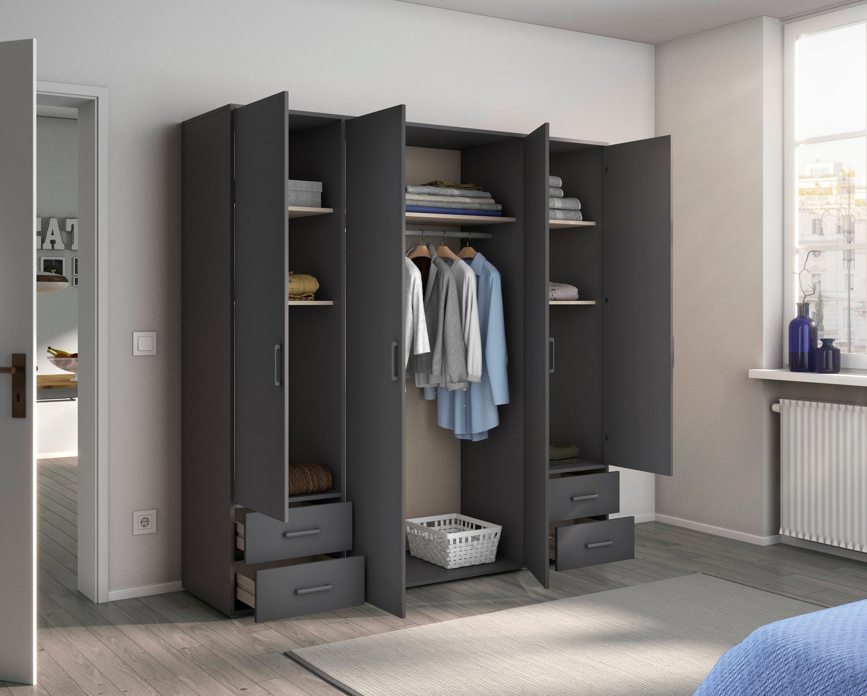 rauch Draaideurkast Kledingkast kast garderobe linnenkast VOYAGER moderne grepen in grijs metallic met buitenlades made in germany