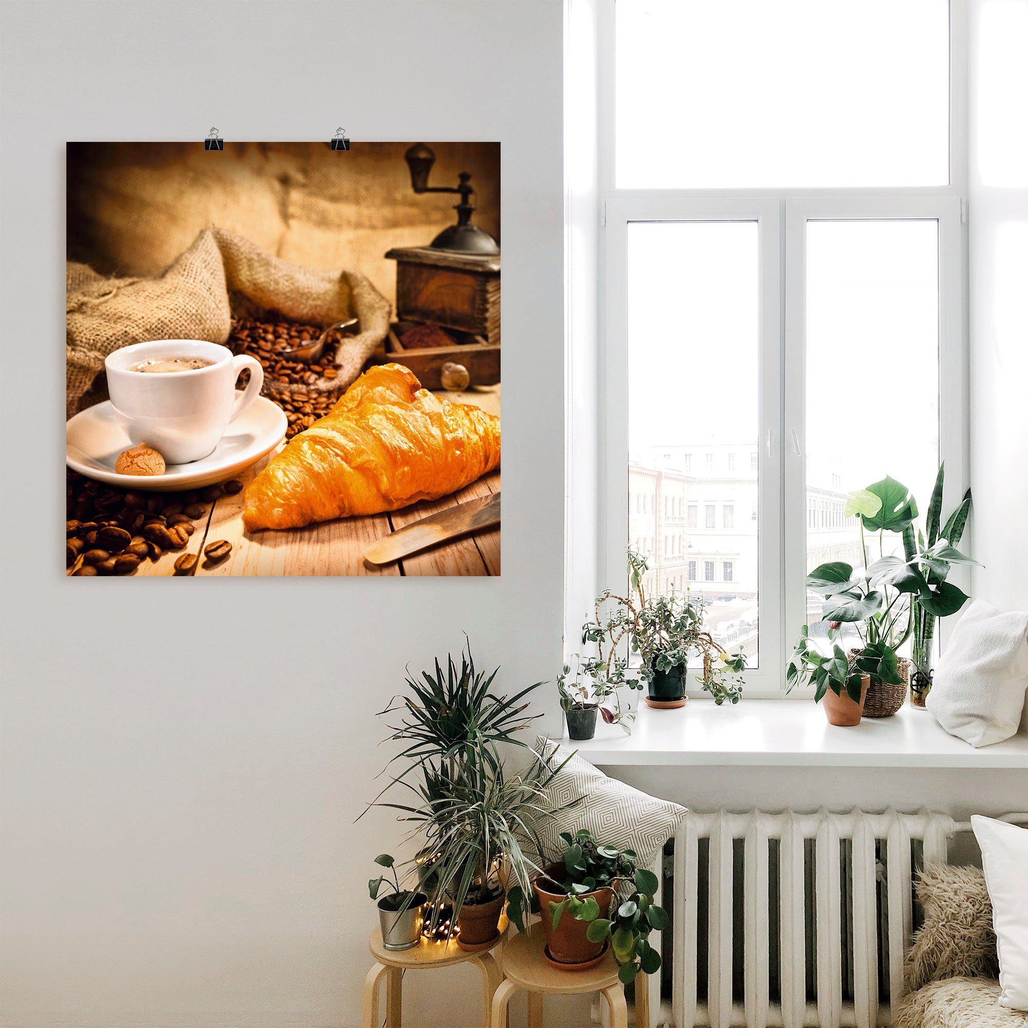 Artland Artprint Koffiekopje met croissant als artprint op linnen, poster in verschillende formaten maten