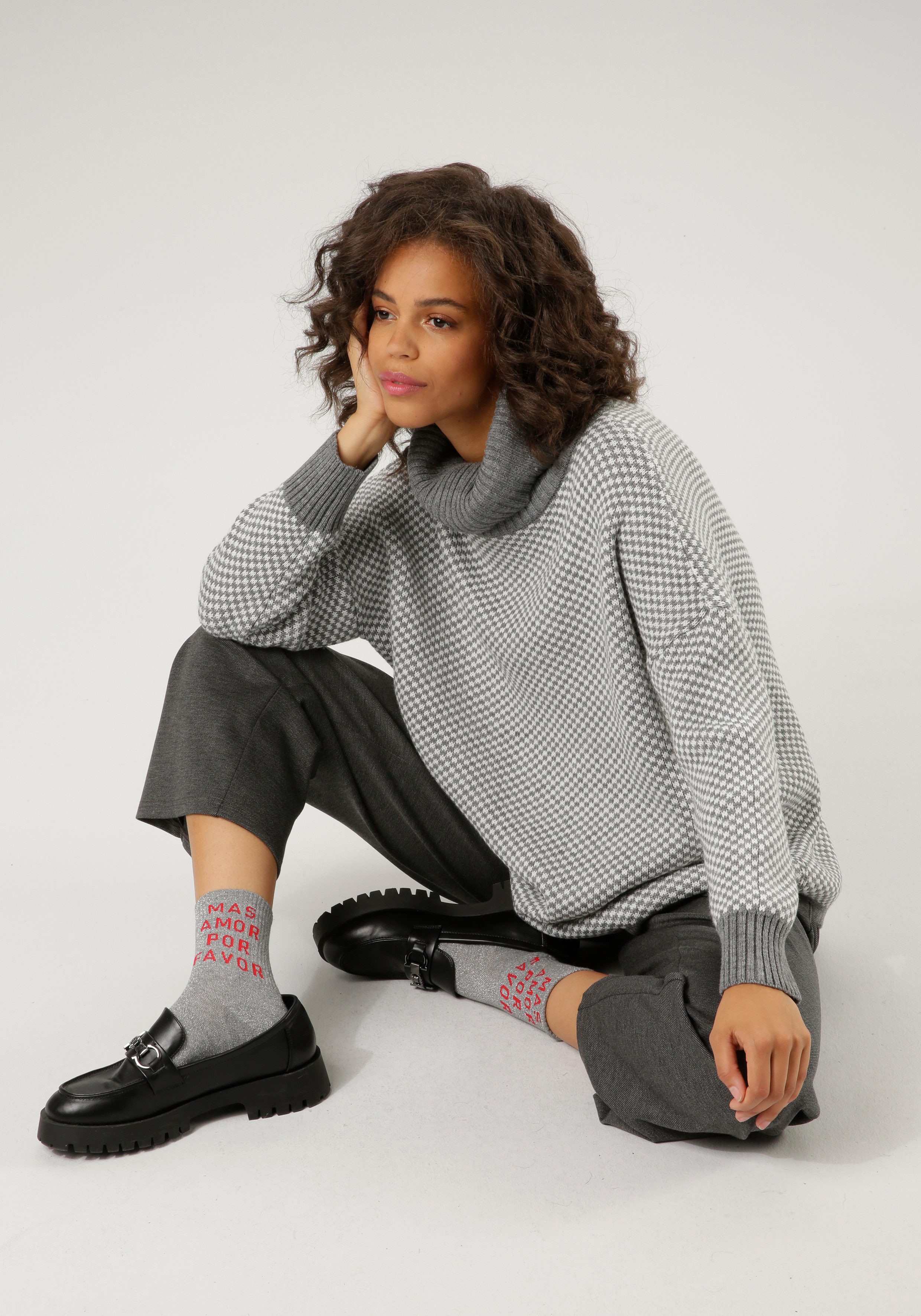Aniston CASUAL Gebreide trui in ruitpatroon met streeplook