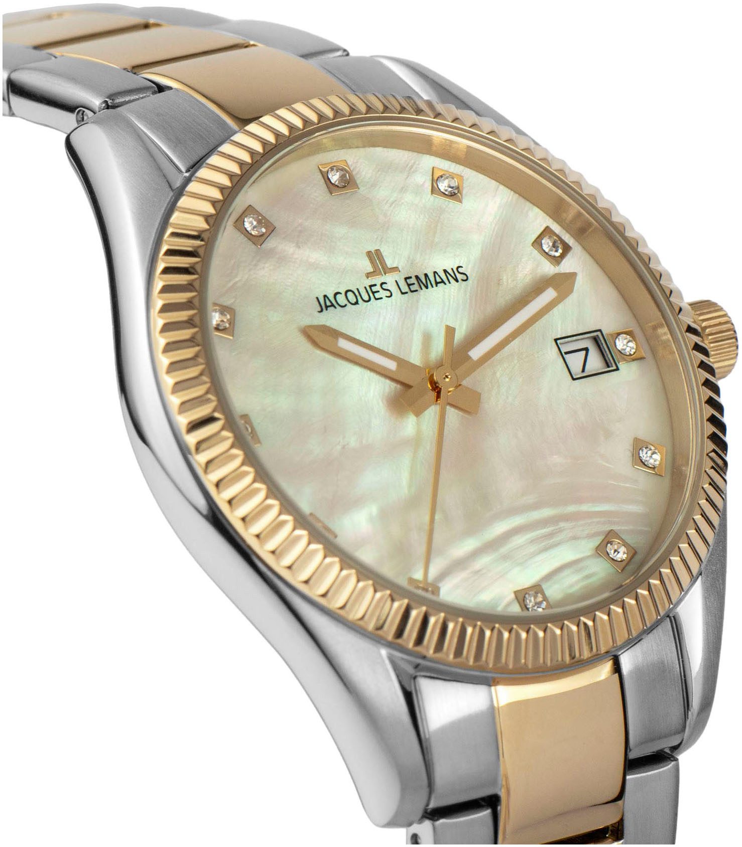 Jacques Lemans Kwartshorloge Derby Polshorloge, dameshorloge, datum, parelmoer wijzerplaat, roestvrijstalen armband