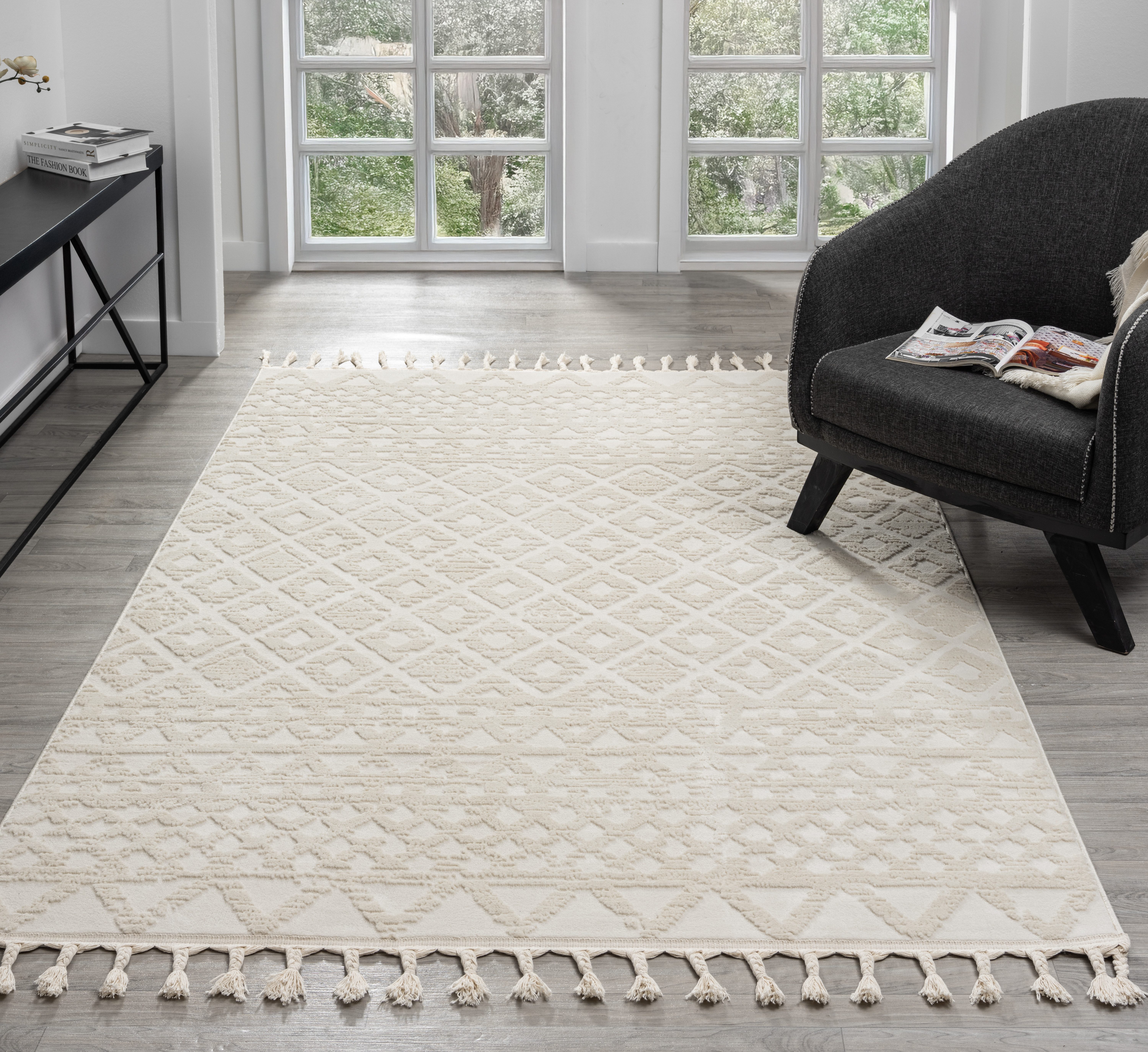 my home Vloerkleed Ribeyret met franjes, hoog-laag structuur, wol-look, boho-stijl, woonkamer