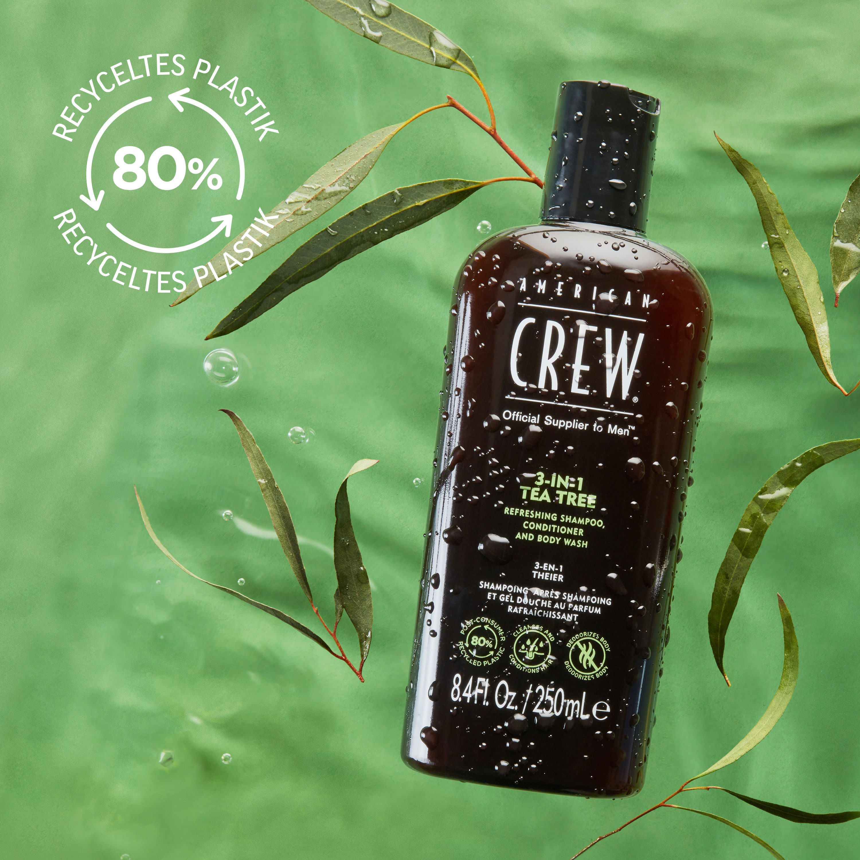 American Crew Haarshampoo 3-in-1 Tea Tree shampoo. Conditioner & body wash 250 ml (1-delig)