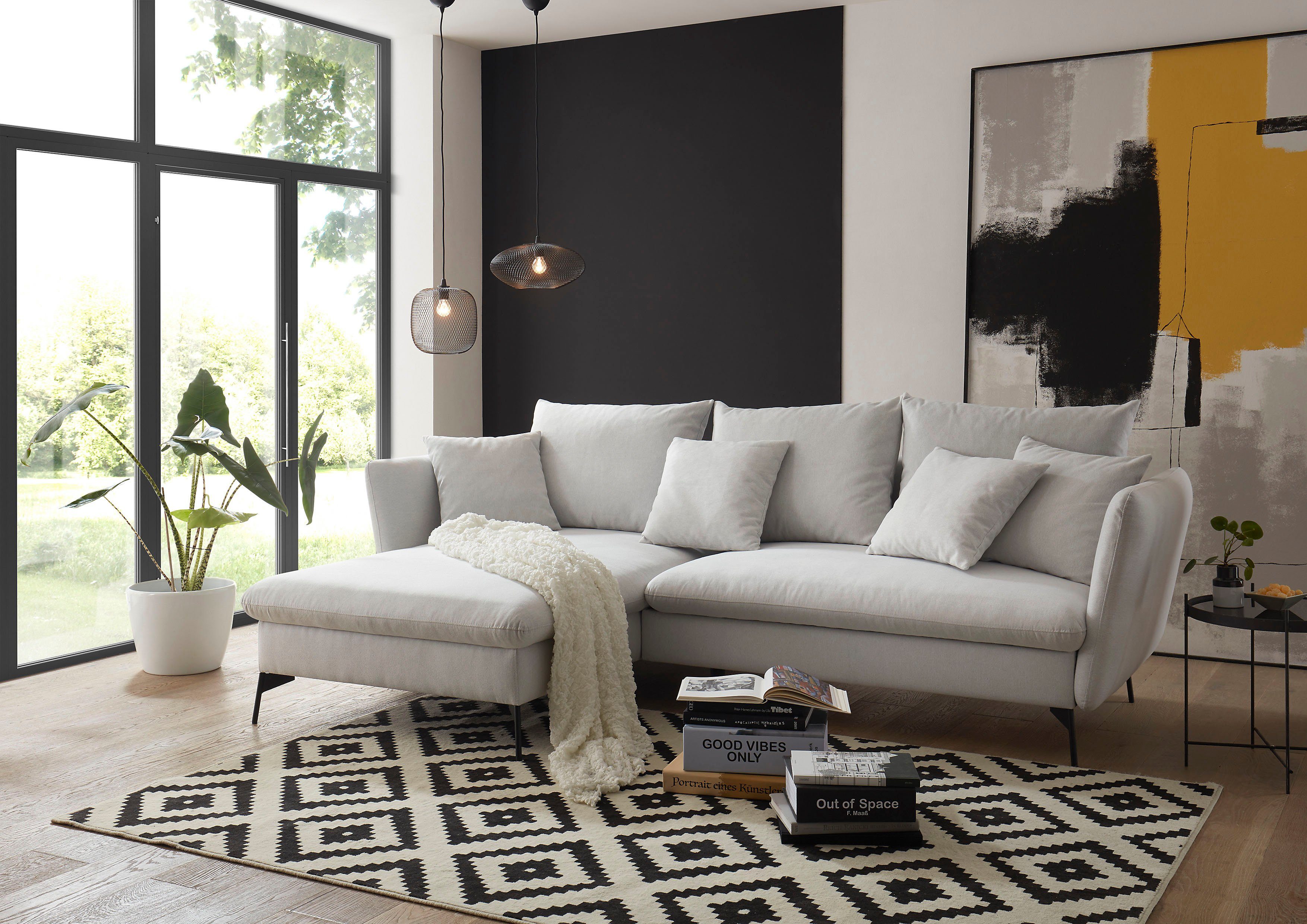 andas Hoekbank LIVORNO,258 cm, L-model, Slaapfunctie en bedlade (139/224 cm), fluweel, structuur, geweven stof