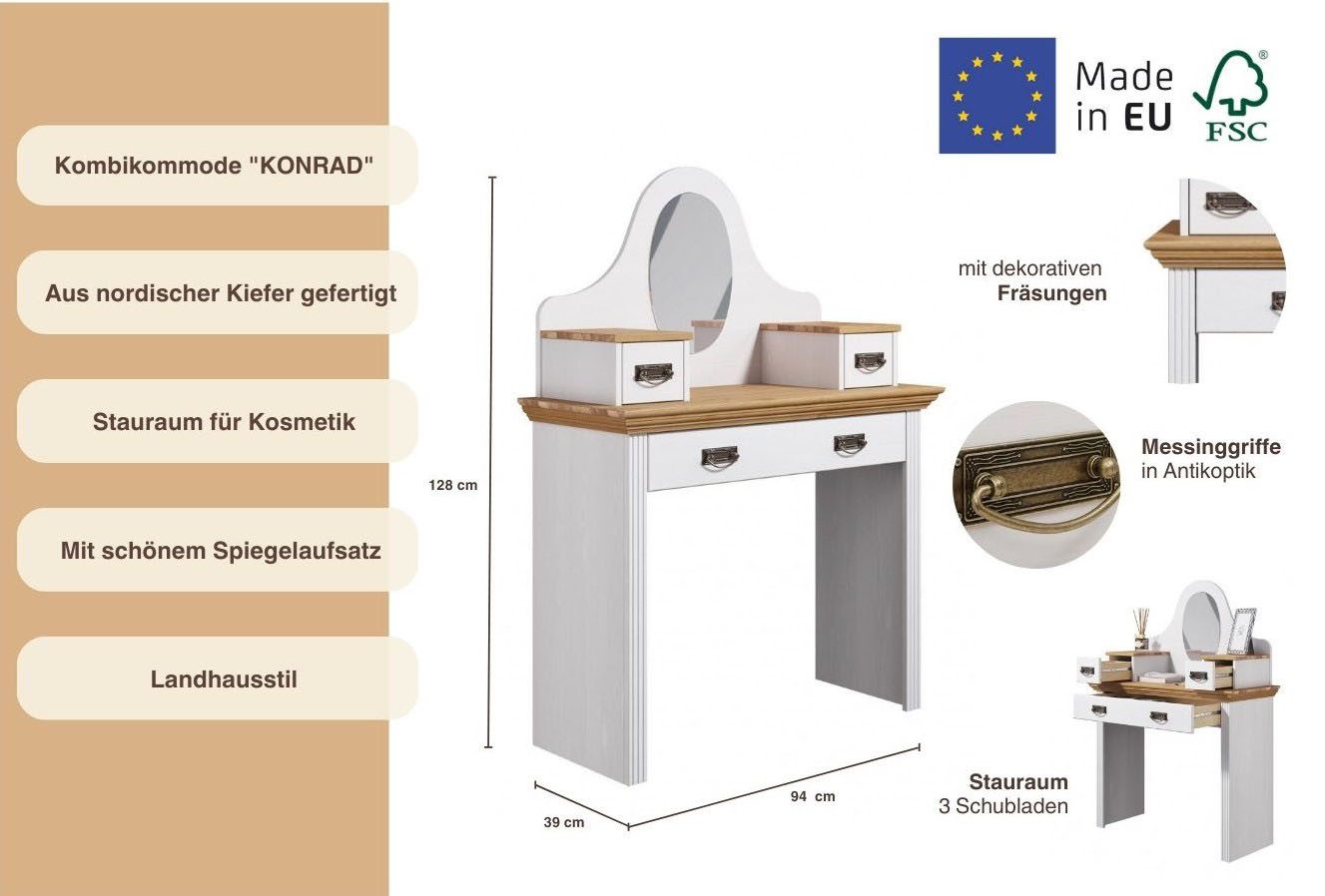 Home affaire Make-uptafel Konrad van massief grenen, met spiegel en veel bergruimte
