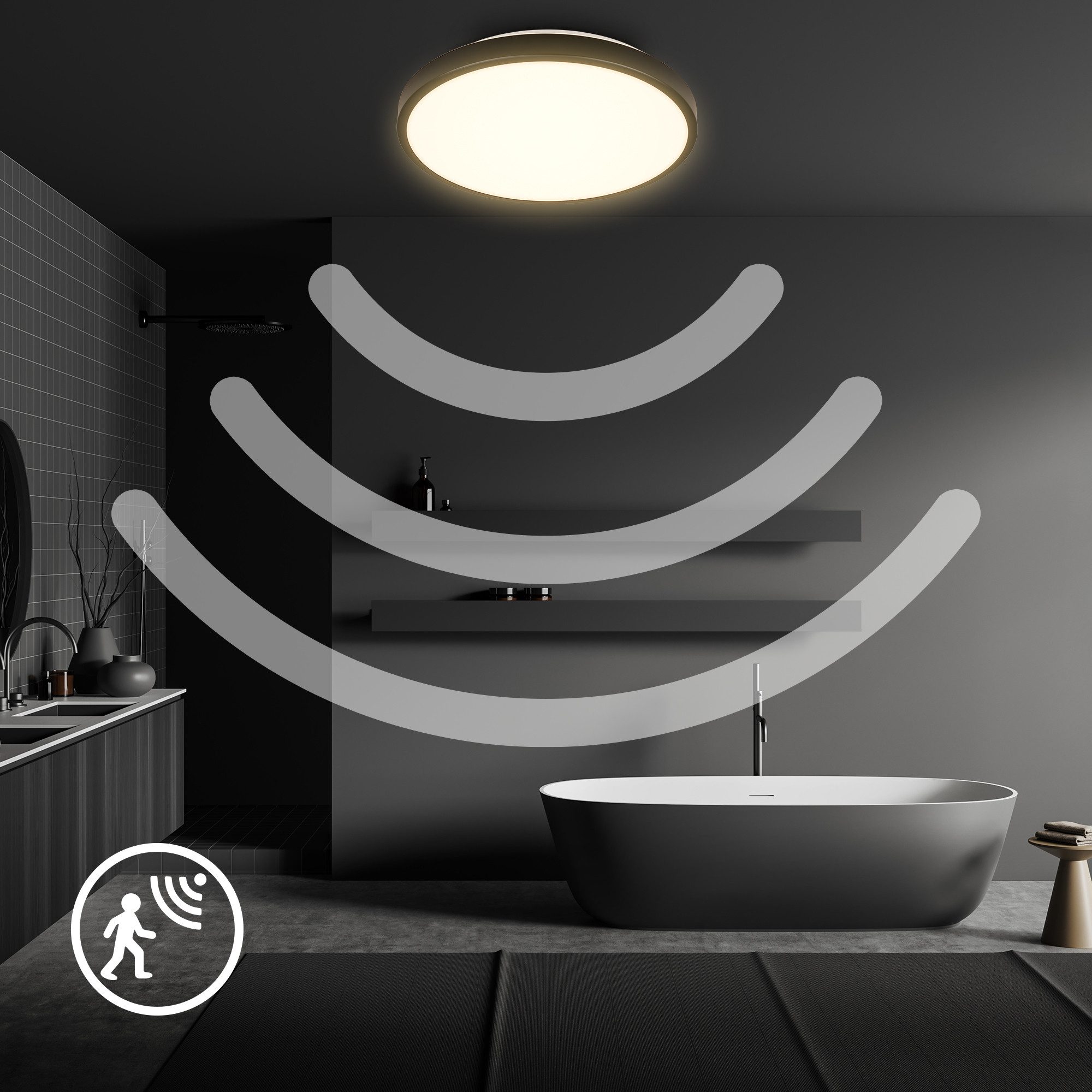 B.K.Licht Led-plafondlamp BK_DL1615 Bad plafondlamp met bewegingssensor, 3m bereik 120° detectiehoek, ip54, 13w, 1.300 lm, 3.000k, ø27cm, zwart (1 stuk)