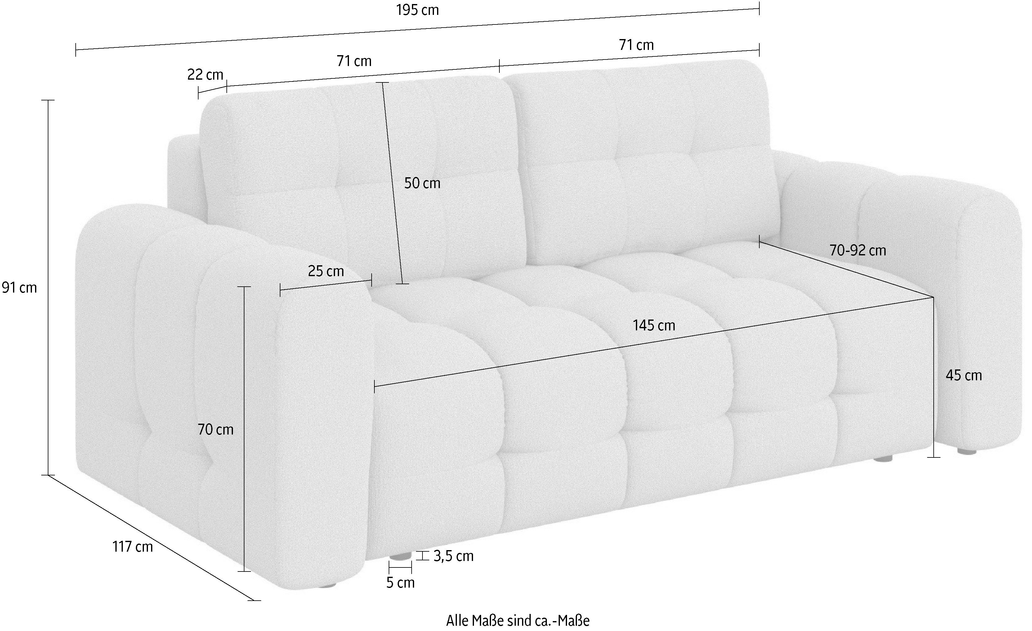 INOSIGN 2-zitsbank Manilla, trendy stiksels, 2 rugkussens, B/D/H 195/107/91 cm met golfondersteuning, in verschillende materialen en kleuren