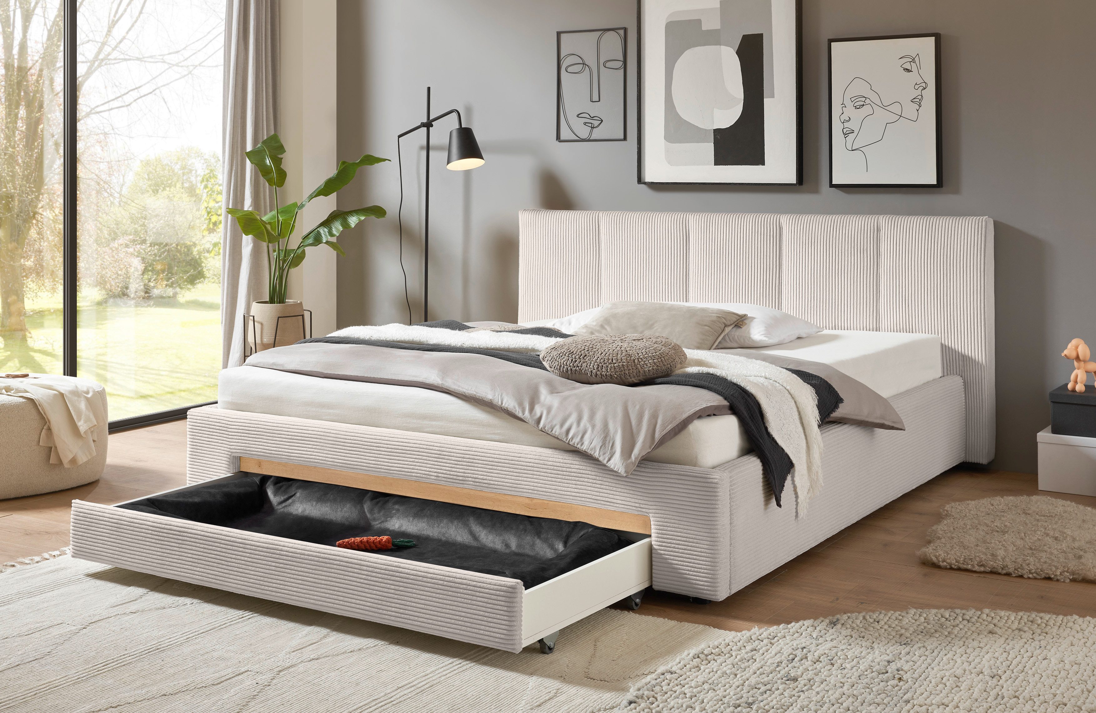 INOSIGN Gestoffeerd bed CiTY/GiRON, bedframe met bedlade, gestoffeerd opbergbed met hondenbed of opberglade, bekleding van corduroy of linnenlook