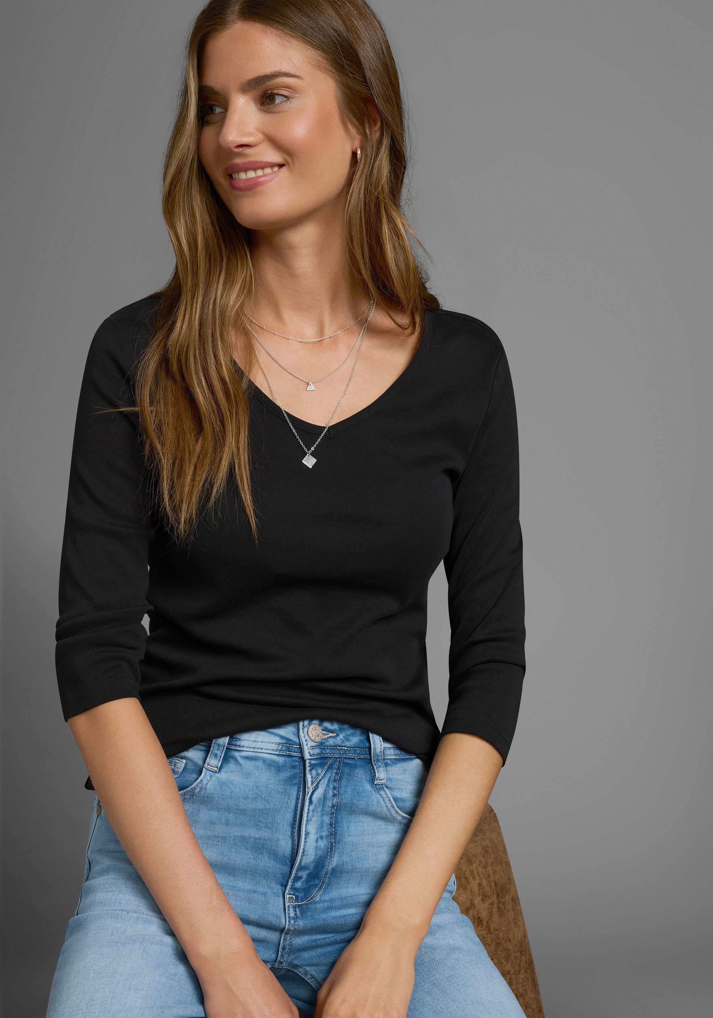 Flashlights Shirt met V-hals effen, v-hals, basic stijl, van katoen, in 2-pack (2-delig, Set van 2)