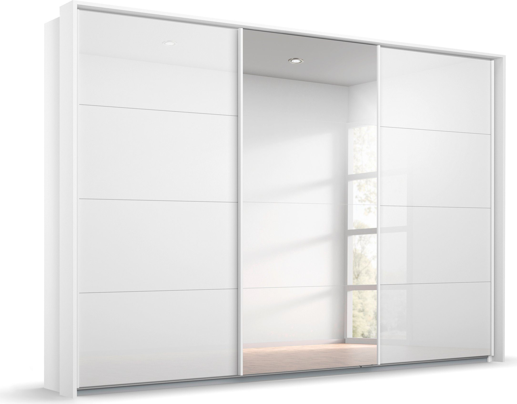 rauch Zweefdeurkast Oteli met spiegel in het midden en passe-partout, optioneel met verlichting zweefdeurkasten maat 278 cm x 233 cm x 68 cm wit