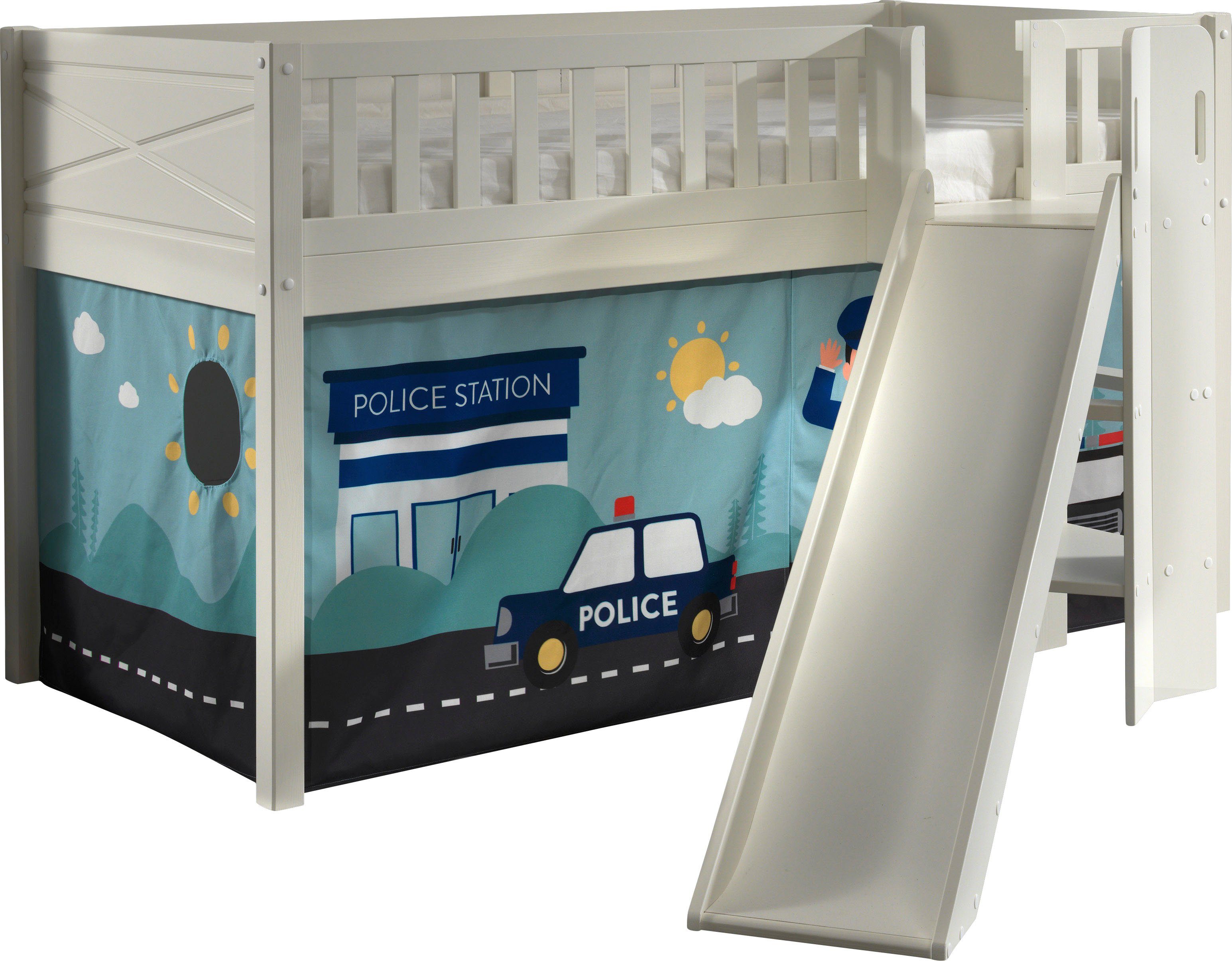 Vipack Hoogslaper Scott m. glijbaan/ladder toren, ligoppervlak 90 x 200 cm, doek, tunnel, 7 designs hoogslapers wit