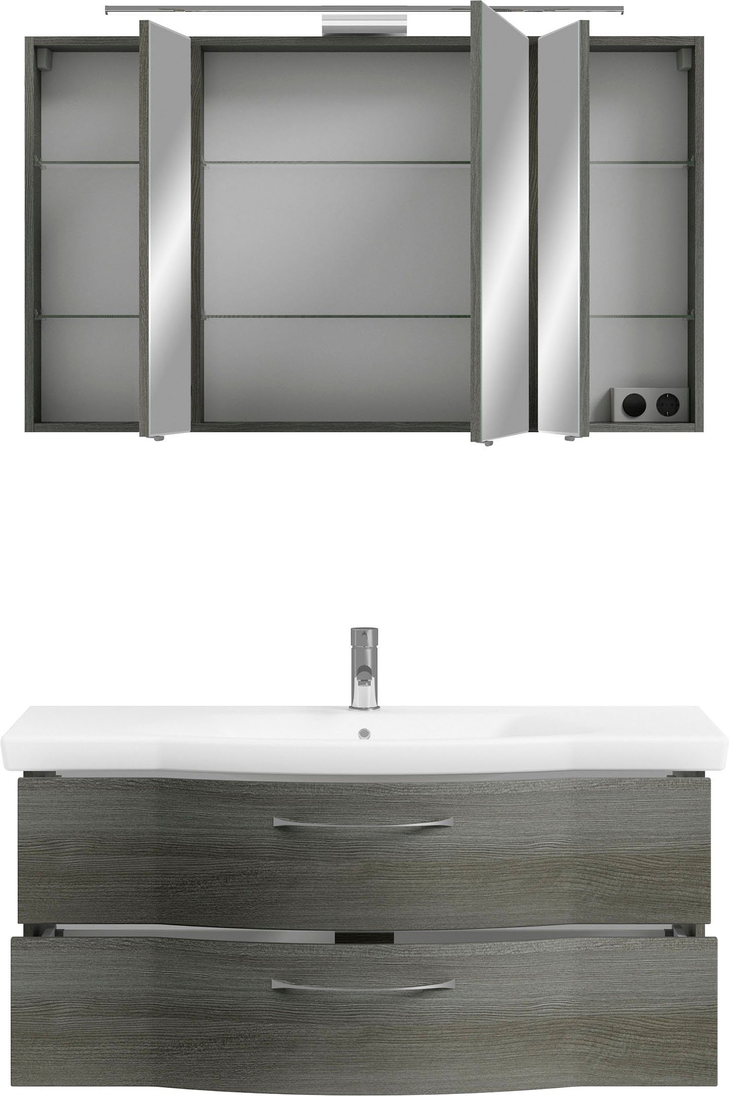 Saphir Badkamerserie 6005 sprint keramiek-wastafelonderkast met led-spiegelkast, 122 cm breed Wastafelmeubel inclusief deurdemper, 3 deuren, 2 laden, wastafelonderkast set (2-delig)