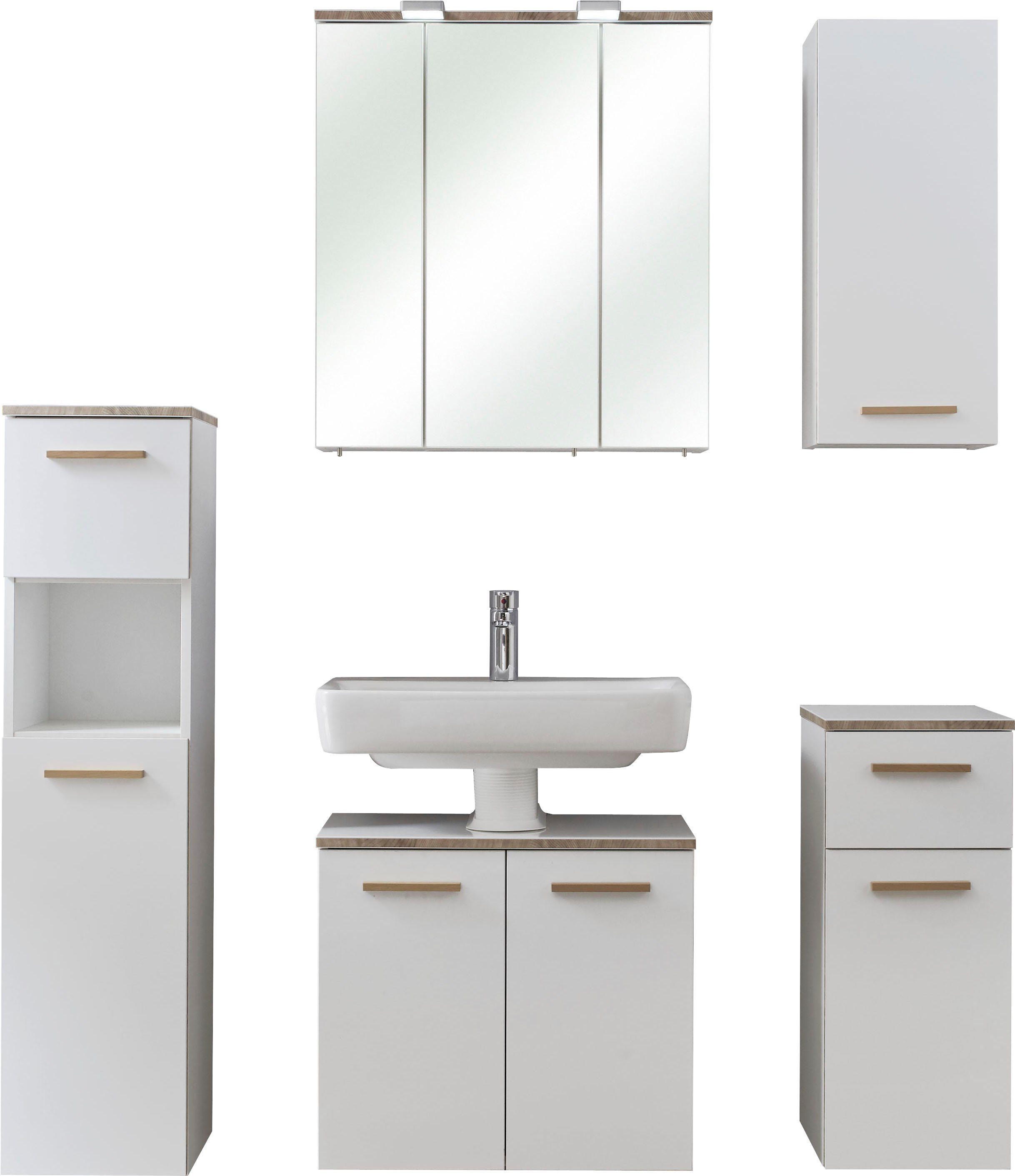 Saphir Badkamerserie Quickset 931 5-delig, wastafelonderkast met LED-spiegelkast Middel kast, onderkast, hangkast, incl. deurdemper, wit glanzend (set, 5-delig)