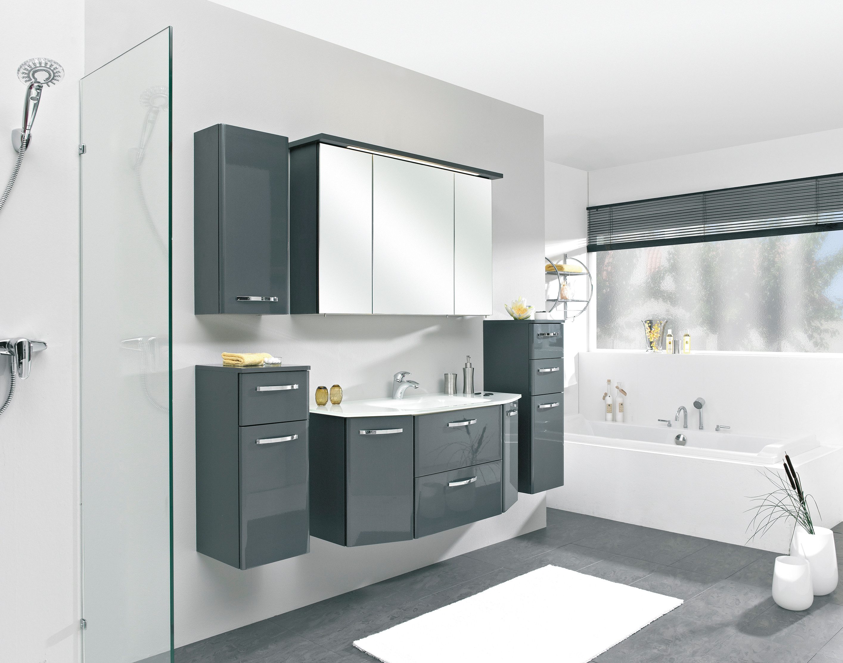 Saphir Badmeubelset Quickset 327 5-delig, wastafelmeubel en led-spiegelkast Antraciet hoogglans, incl. deurdemper, 8 deuren, 1 klep, 4 lades (set, 5