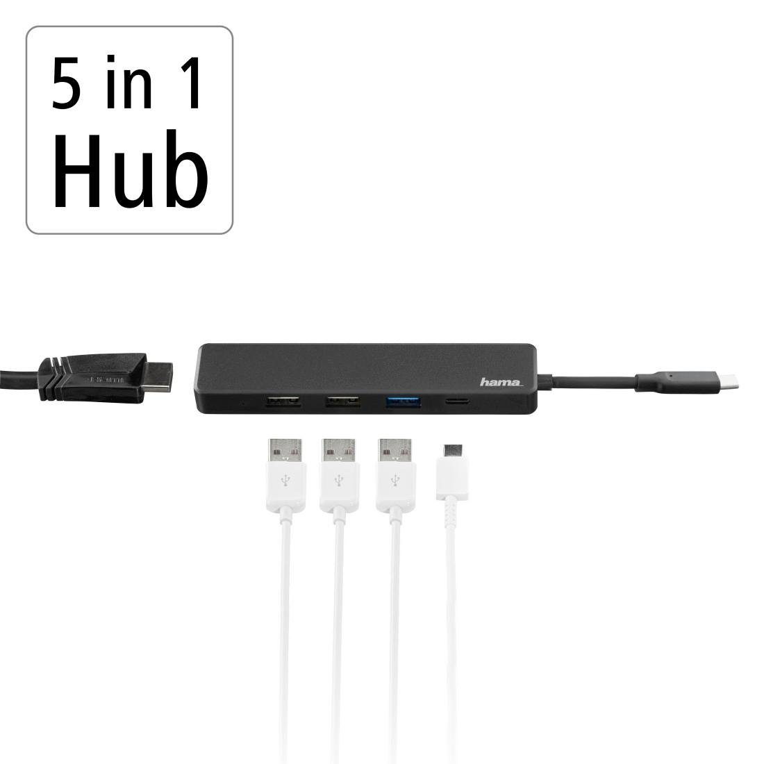 Hama USB-adapter USB C hub, multipoort, 5 poorten, 3x USB A, USB C, HDMI™