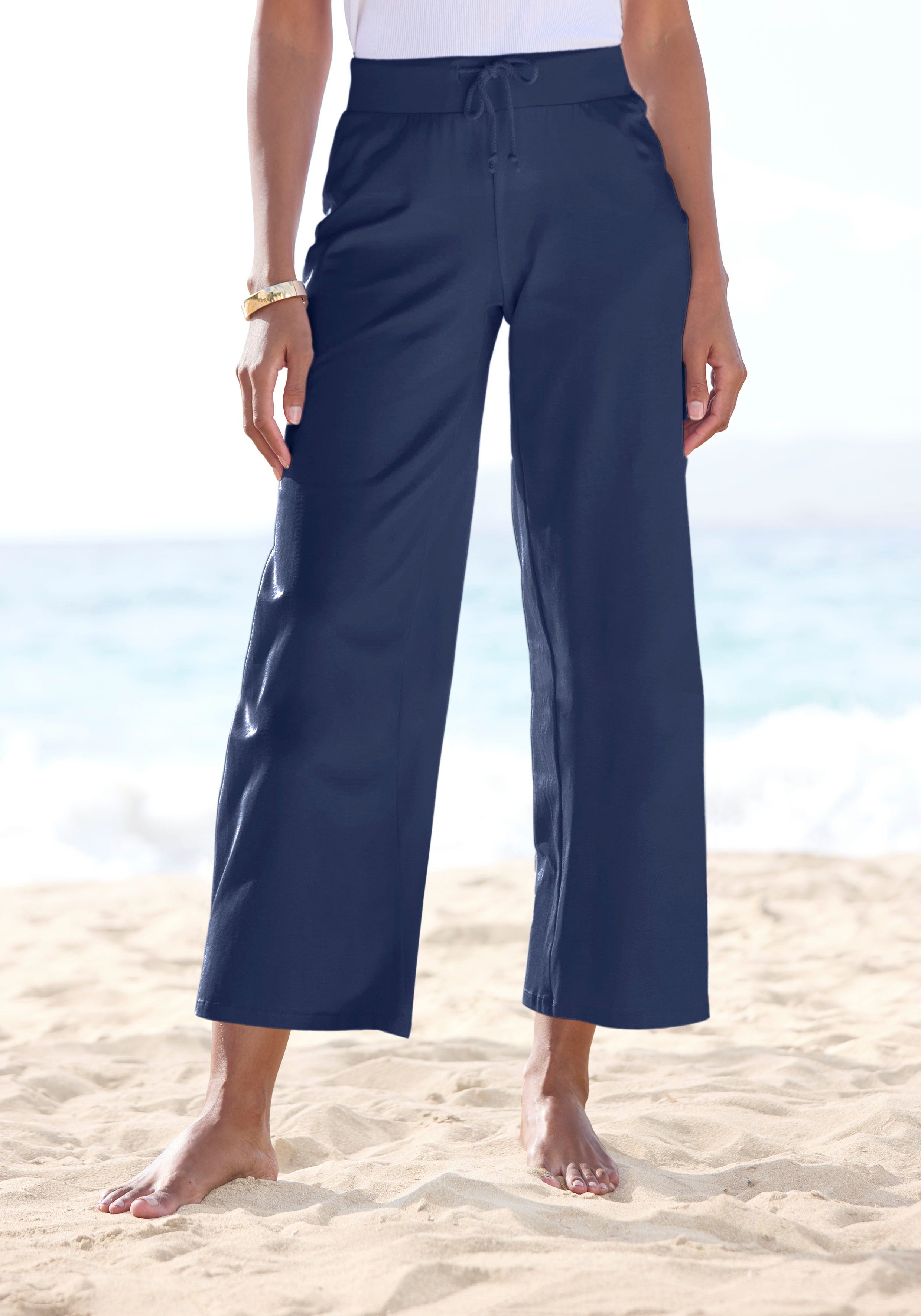 Beachtime 7/8-strandbroek van zachte jersey, wide leg, joggingbroek, loungebroek dames harembroeken maat 40/42 blauw