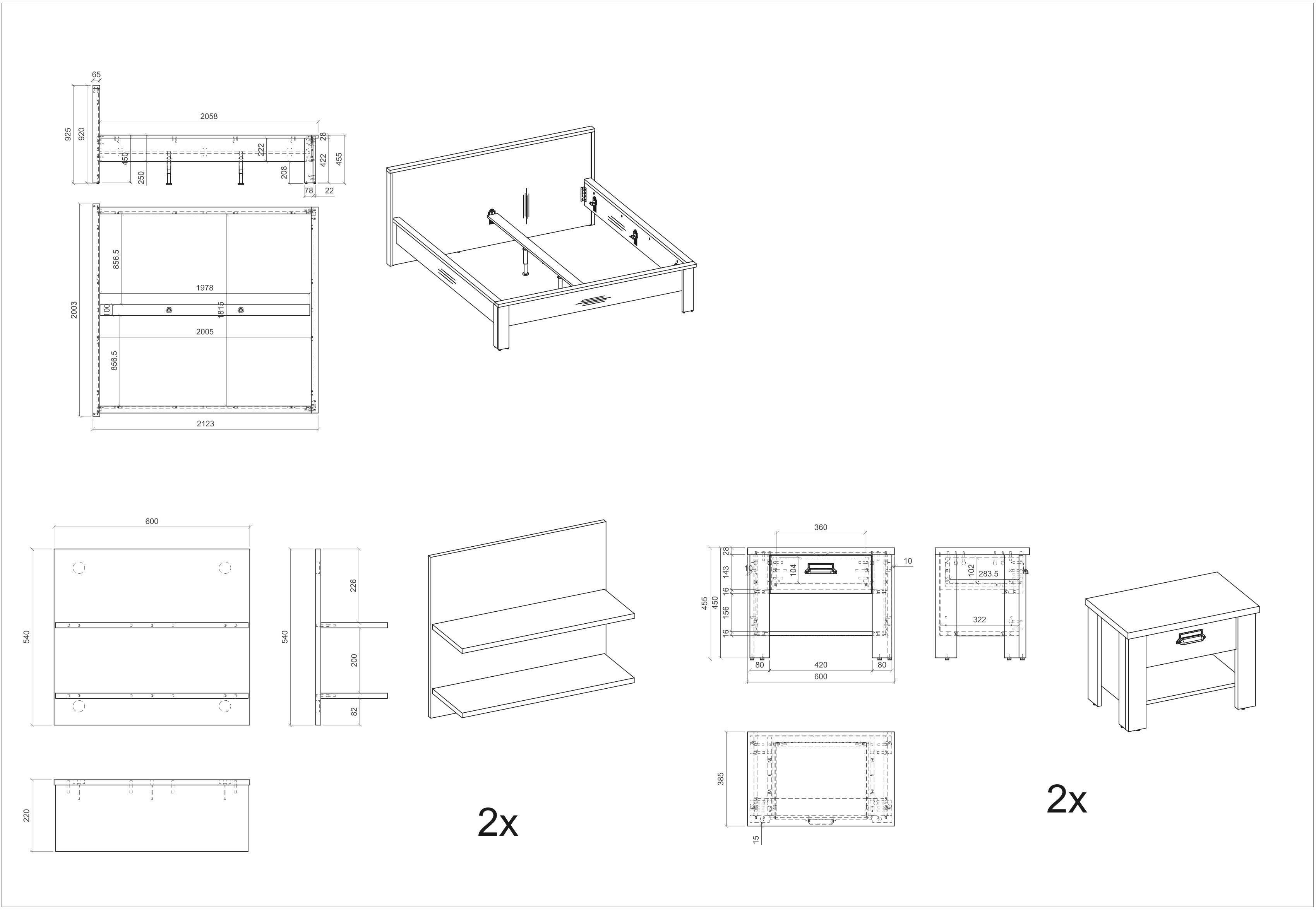 Home affaire Ledikant Sherwood Ligoppervlak 180/200 cm, 2 nachtkastjes en 2 wandpanelen (5-delig)