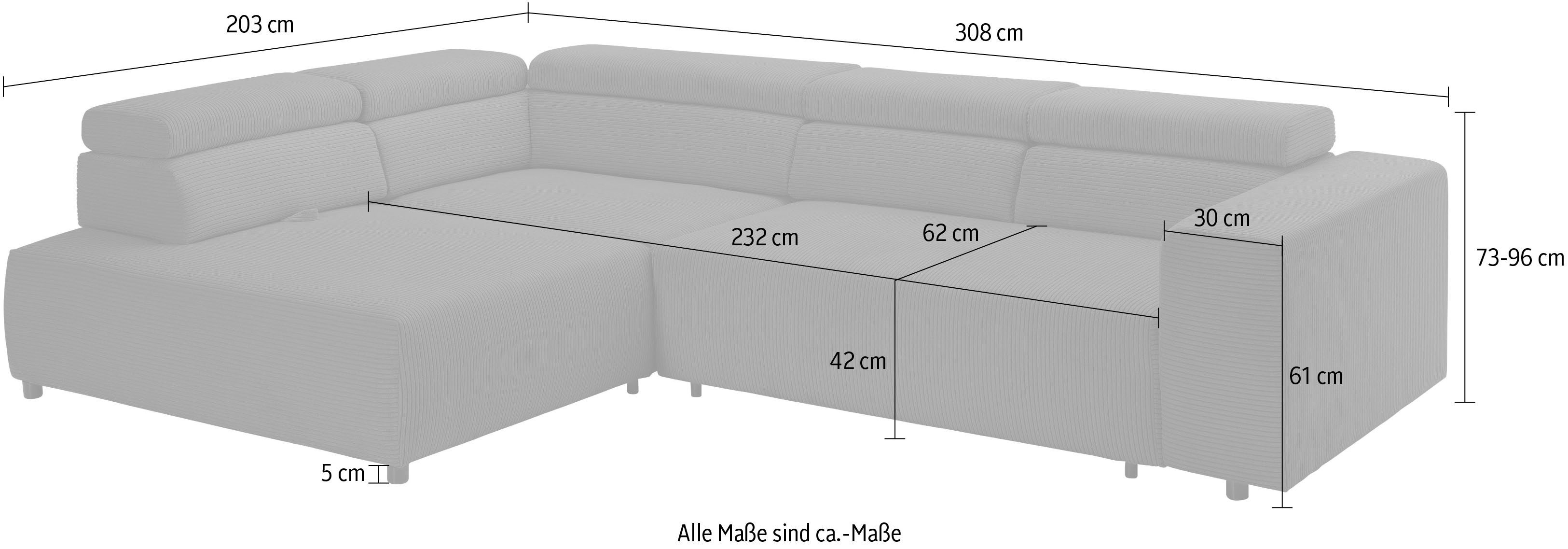exxpo - sofa fashion Hoekbank VITTORIO met comfortfuncties, comfortabel en modern, cord, L-vorm incl. hoofdsteun- en zitdiepteverstelling, optioneel met bedfunctie