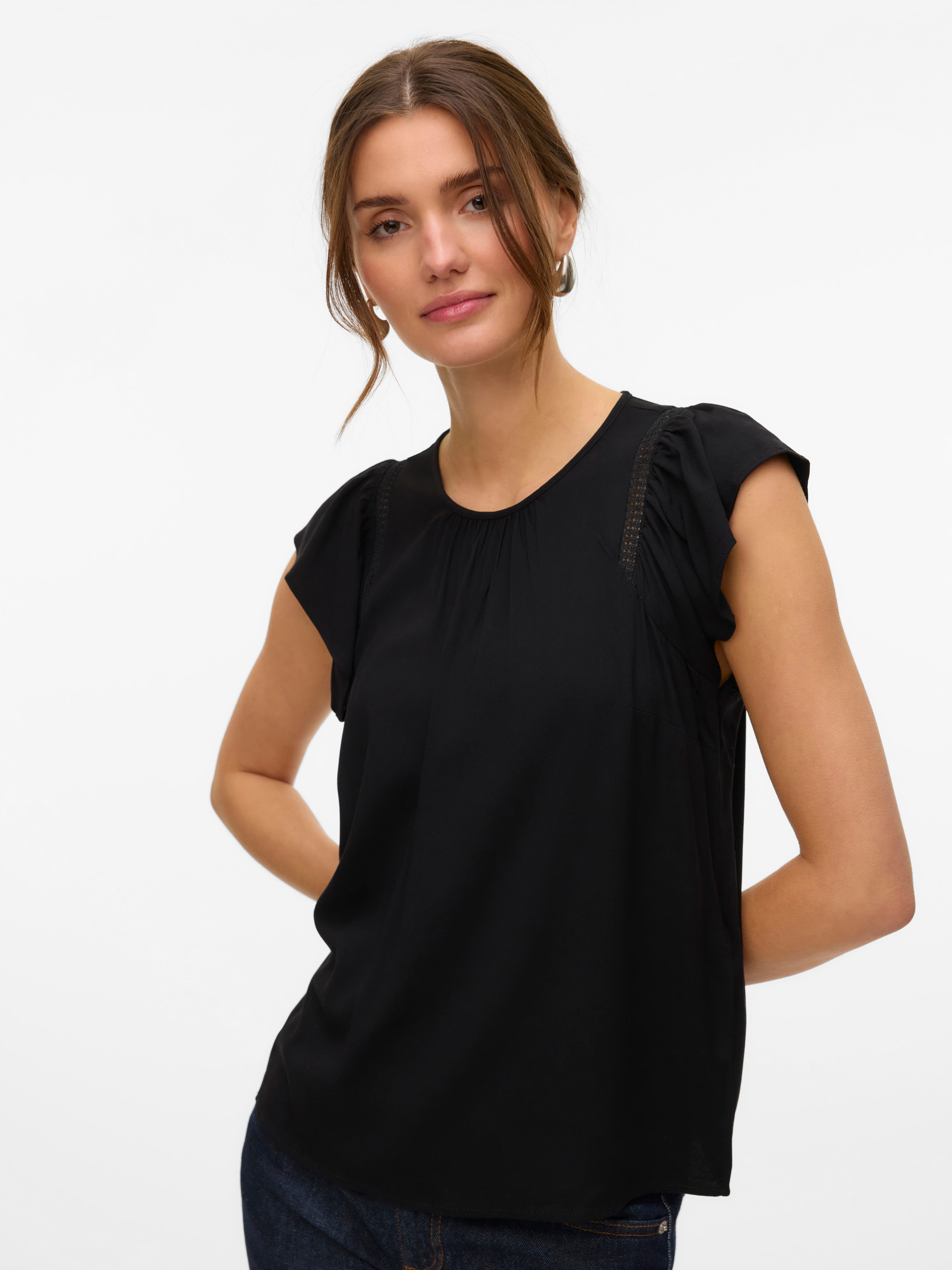 Vero Moda Blouse met korte mouwen VMBELLA SS LACE TOP WVN GA NOOS dames blouses maat L (40) zwart
