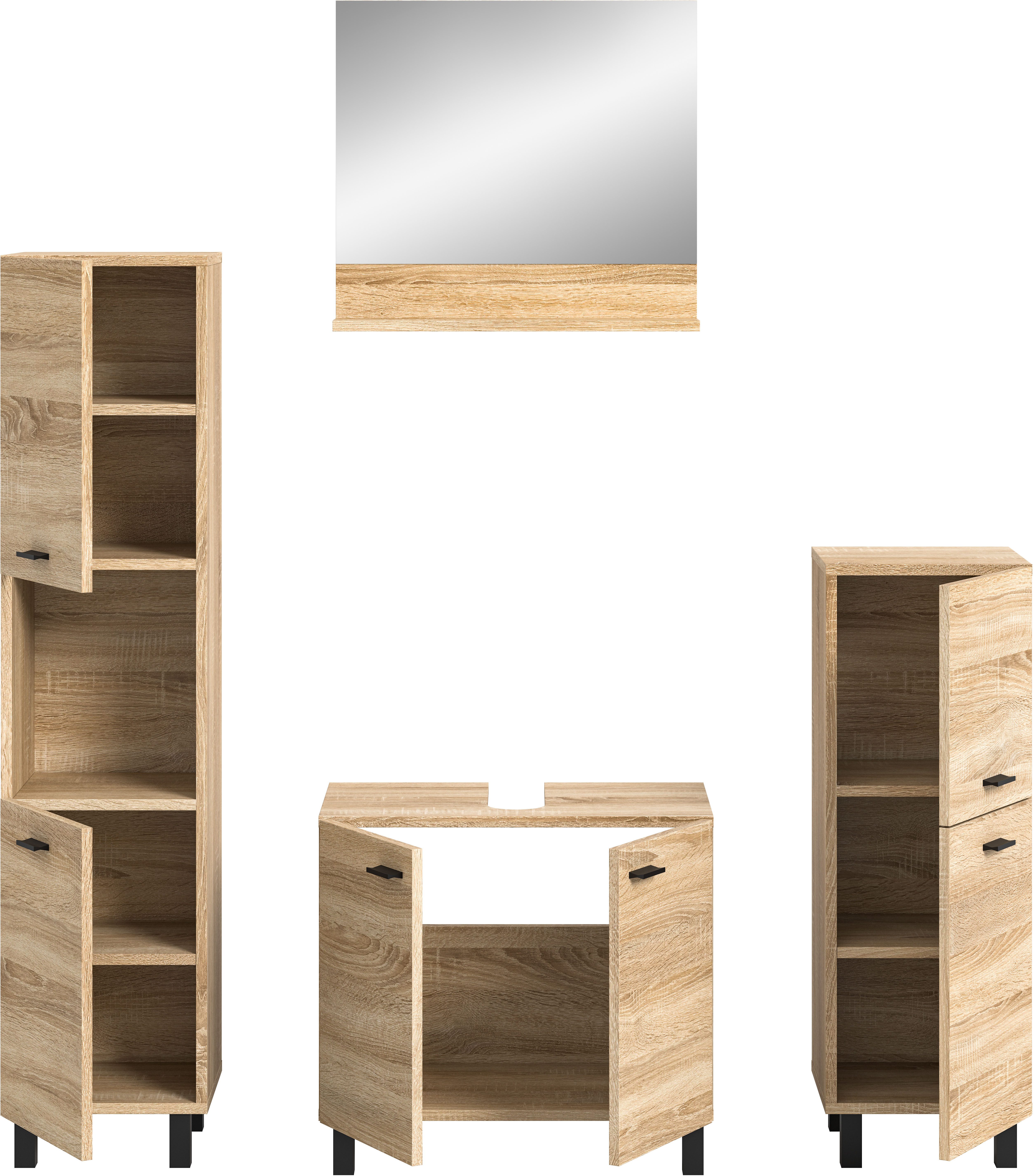 welltime Badmeubelset Tampa, breedte 137cm, 4-delig Wastafelonderkast, spiegel, hoge kast, midikast (4 stuks)