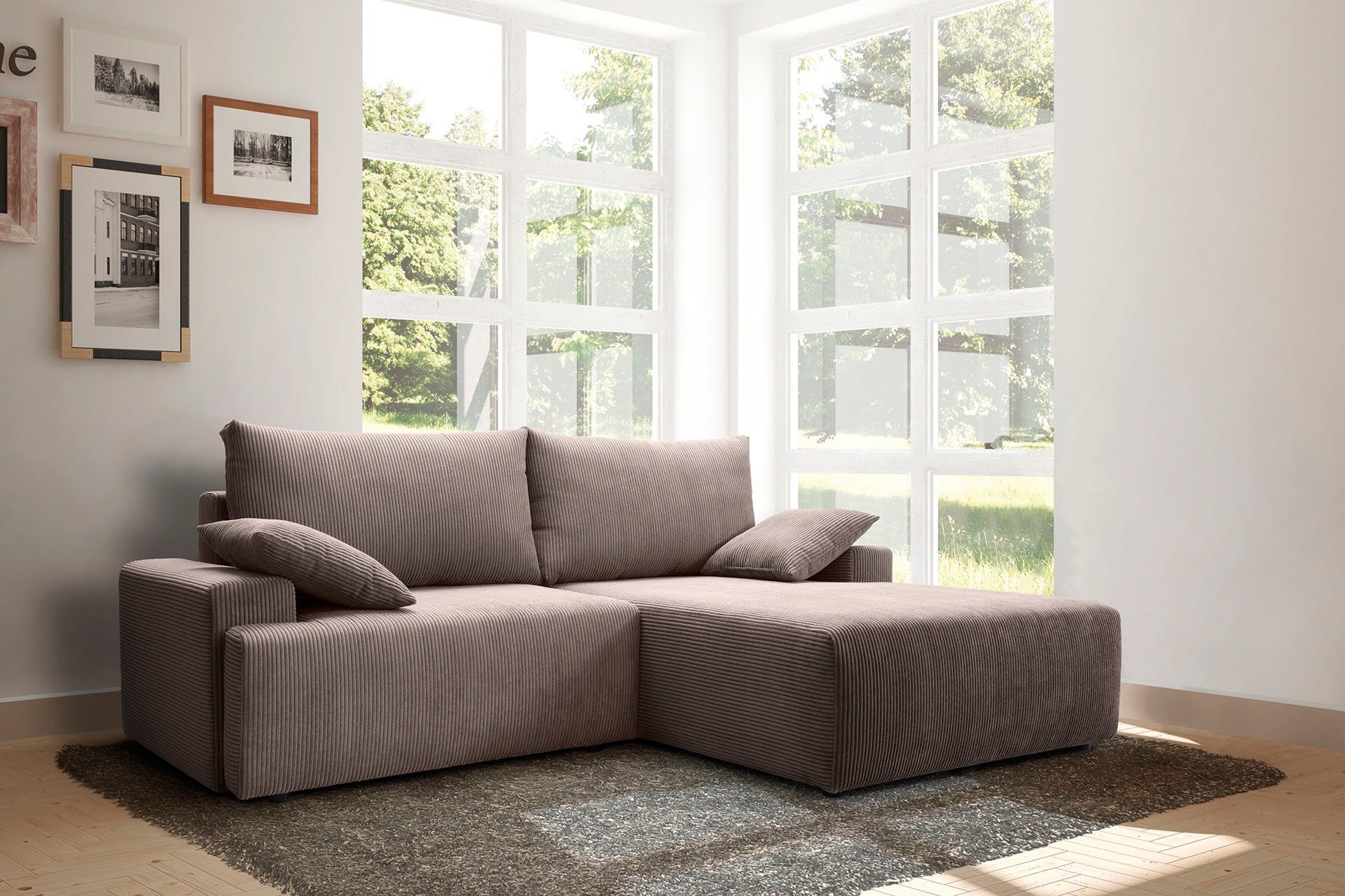 exxpo - sofa fashion Hoekbank Orinoko, actueel design en hoog zitcomfort, L-vorm inclusief bedfunctie en bedlade, mooie kleuren in trendy cord bruin,