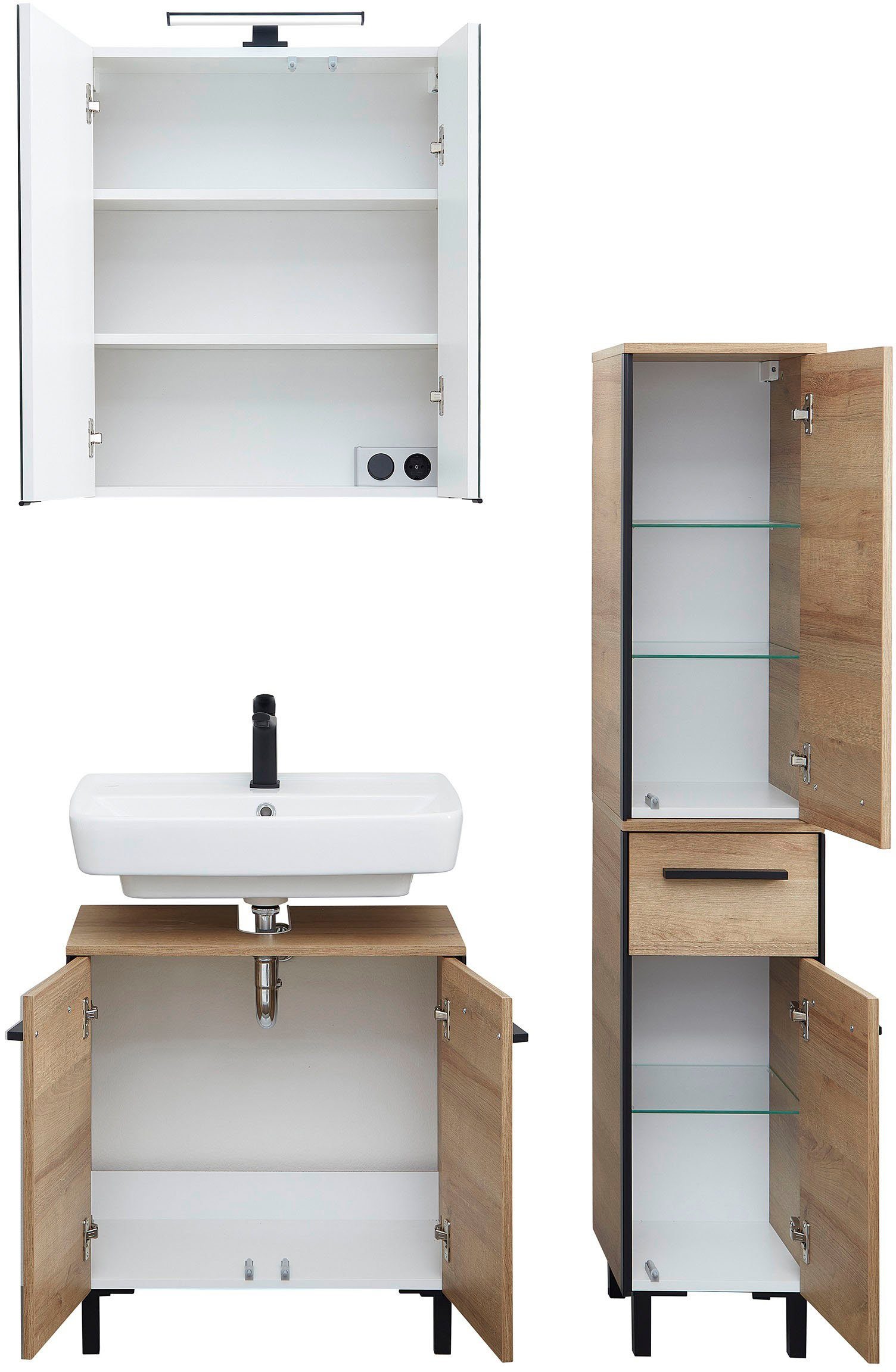 Saphir Badkamerserie Quickset 395 3-delig, wastafelonderkast met led-spiegelkast Middel kast, incl. deurdemper, 6 deuren, 1 lade, badkamer set (4-delig)