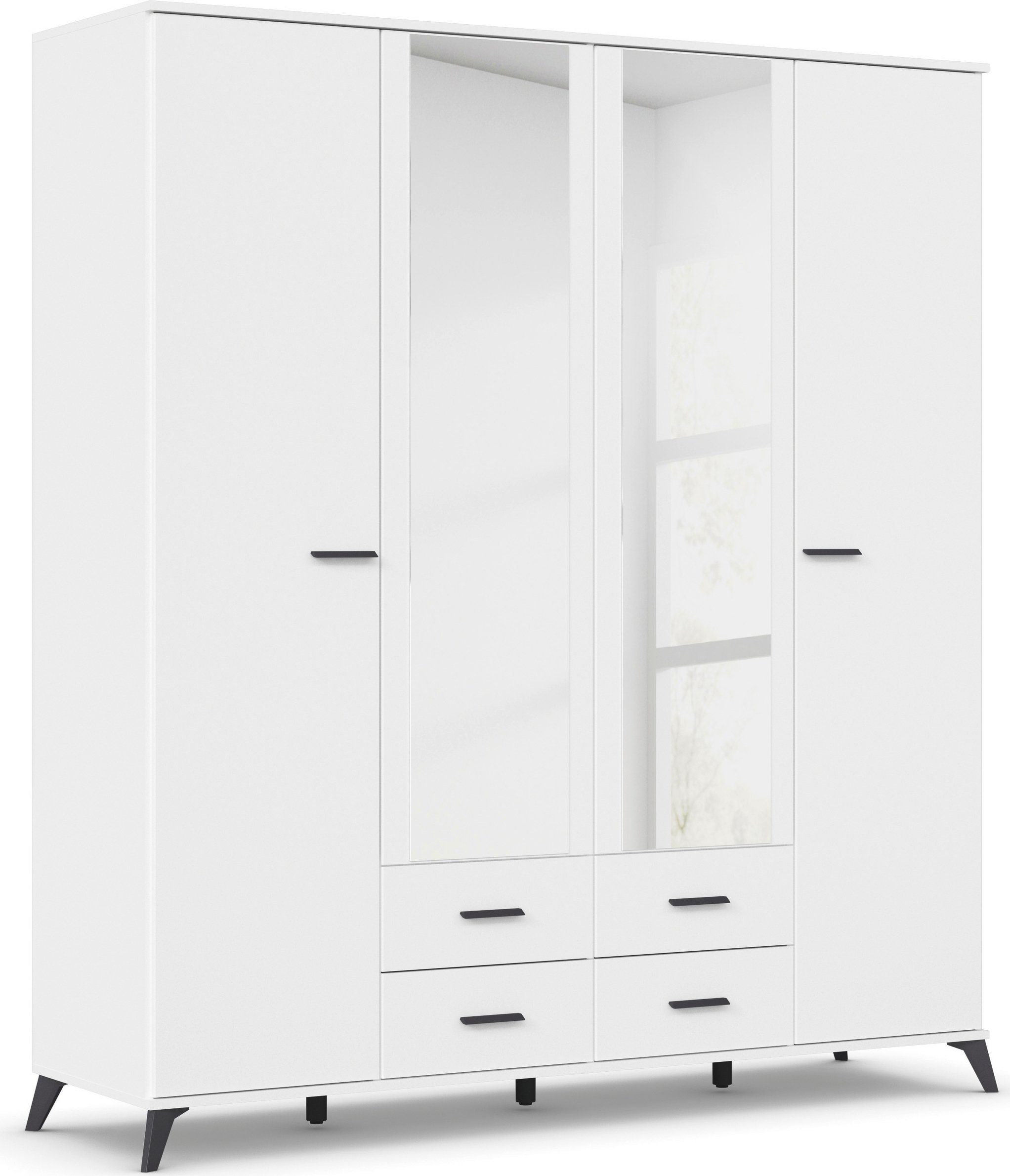 rauch Draaideurkast Lucena met schuin naar buiten staande poten in monochroom-stijl, met spiegel kledingkasten wit