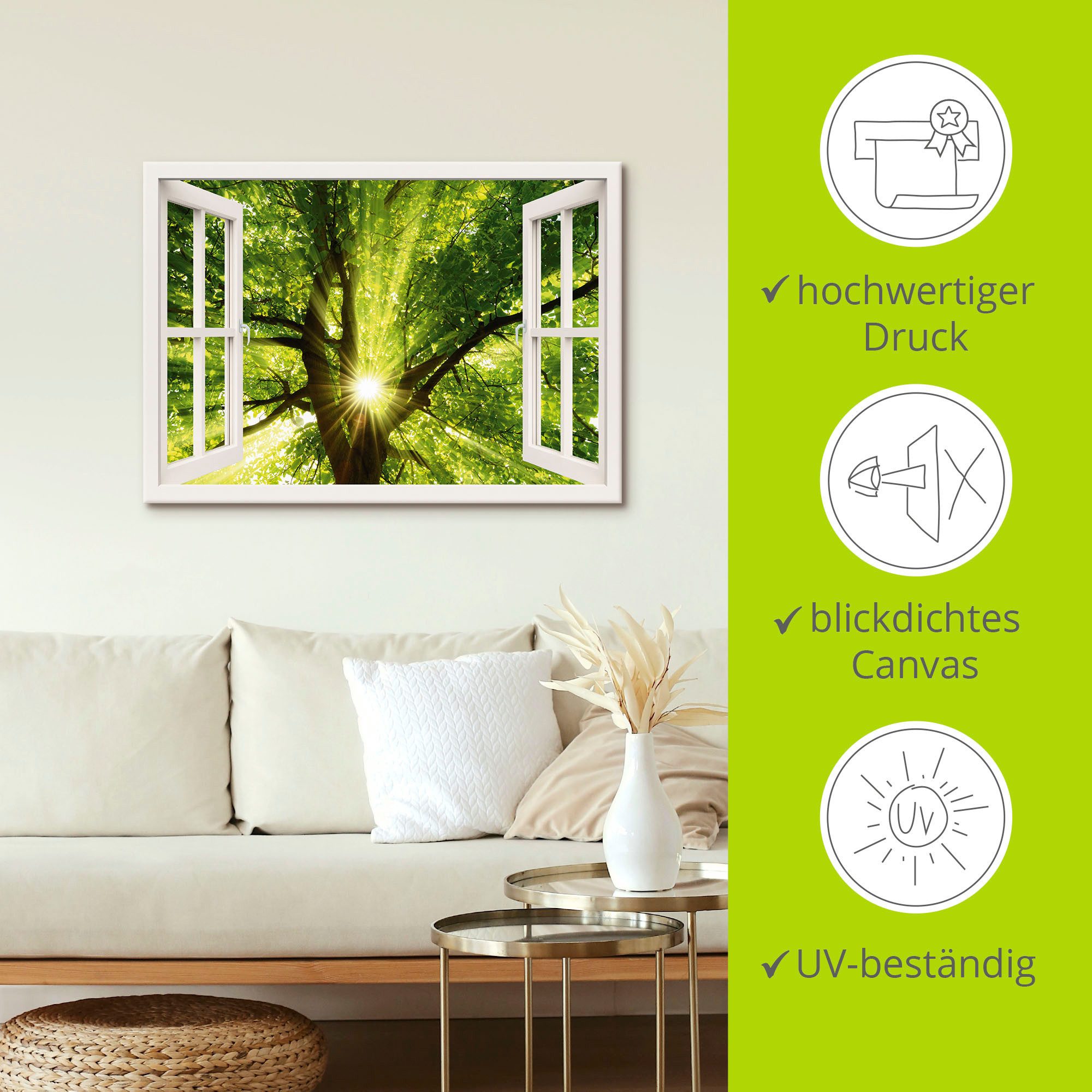 Artland Artprint op linnen Blik uit het venster zon schijnt door boom