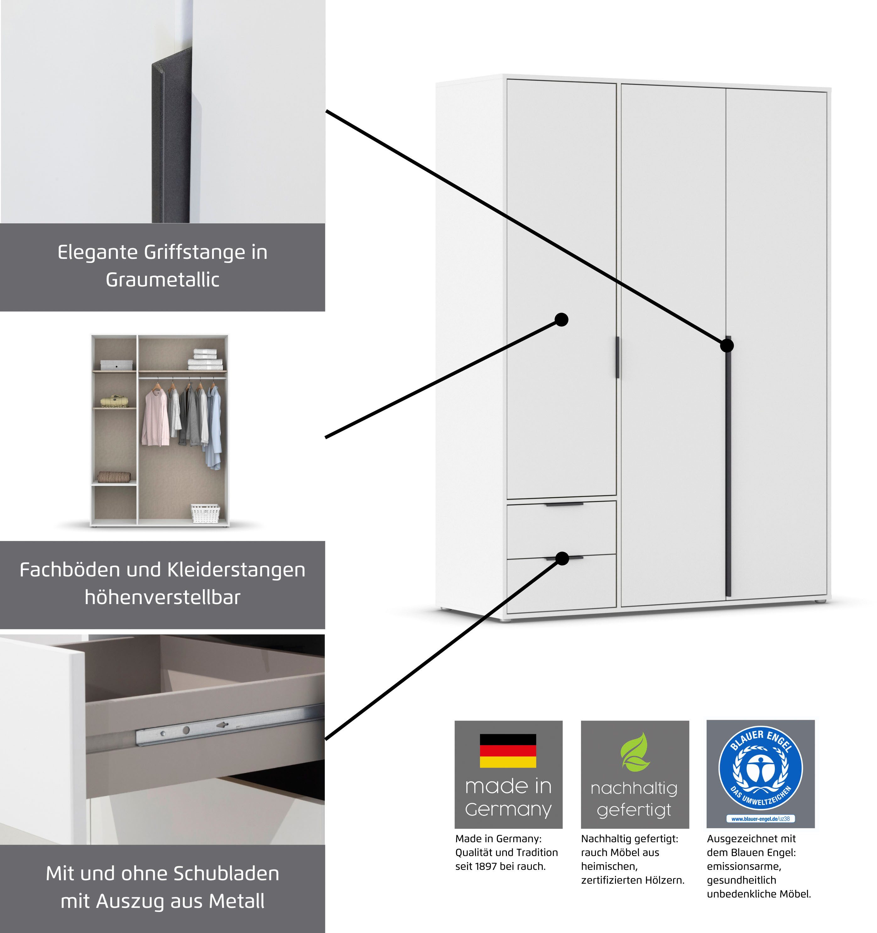 rauch Draaideurkast Kledingkast Kast Garderobe Wasmand NAGATA met Spiegel und modernen stangengriffen in graumetallic topseller made in germany