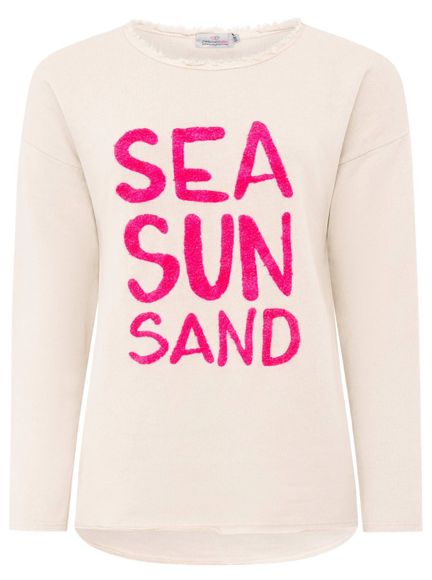 Zwillingsherz Sweater "Sea Sand Sun" Met grote flock-opschrift in opvallende kleur