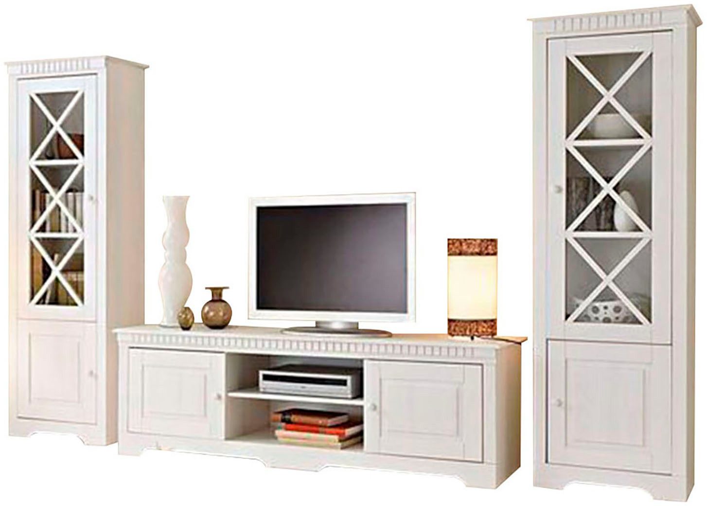 Home affaire Wandmeubel Lisa bestaand uit twee vitrinekasten en een tv-meubel, massief grenenhout (set, 3-delig) tv-wandmeubels wit