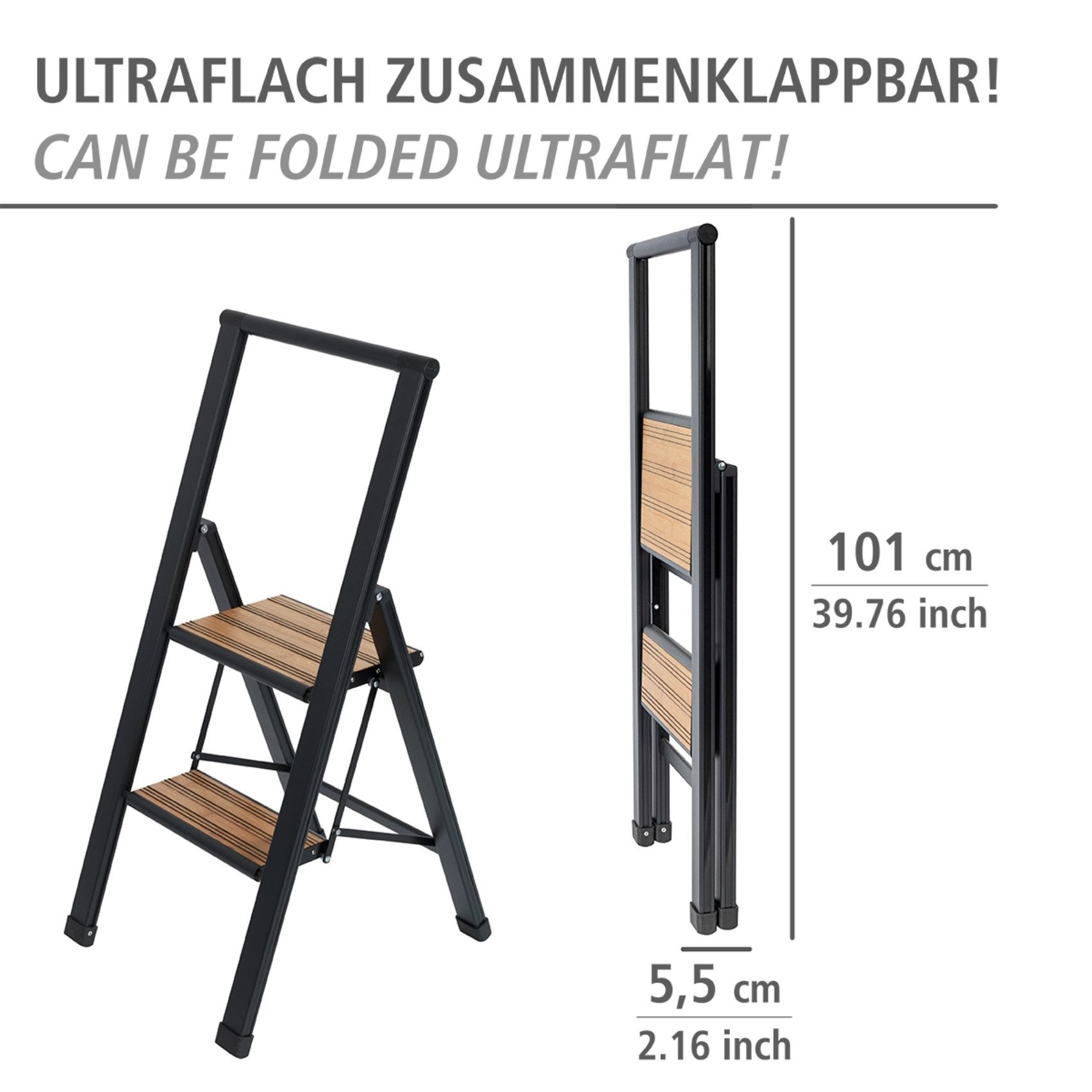WENKO Huishoudtrapje Model Alu-Design Aluminium-design, XXL-treden, robuust aluminium in combinatie met bamboe