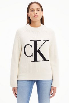 calvin klein trui met ronde hals blown up ck high neck sweater met groot ck monogram in contrastkleur beige
