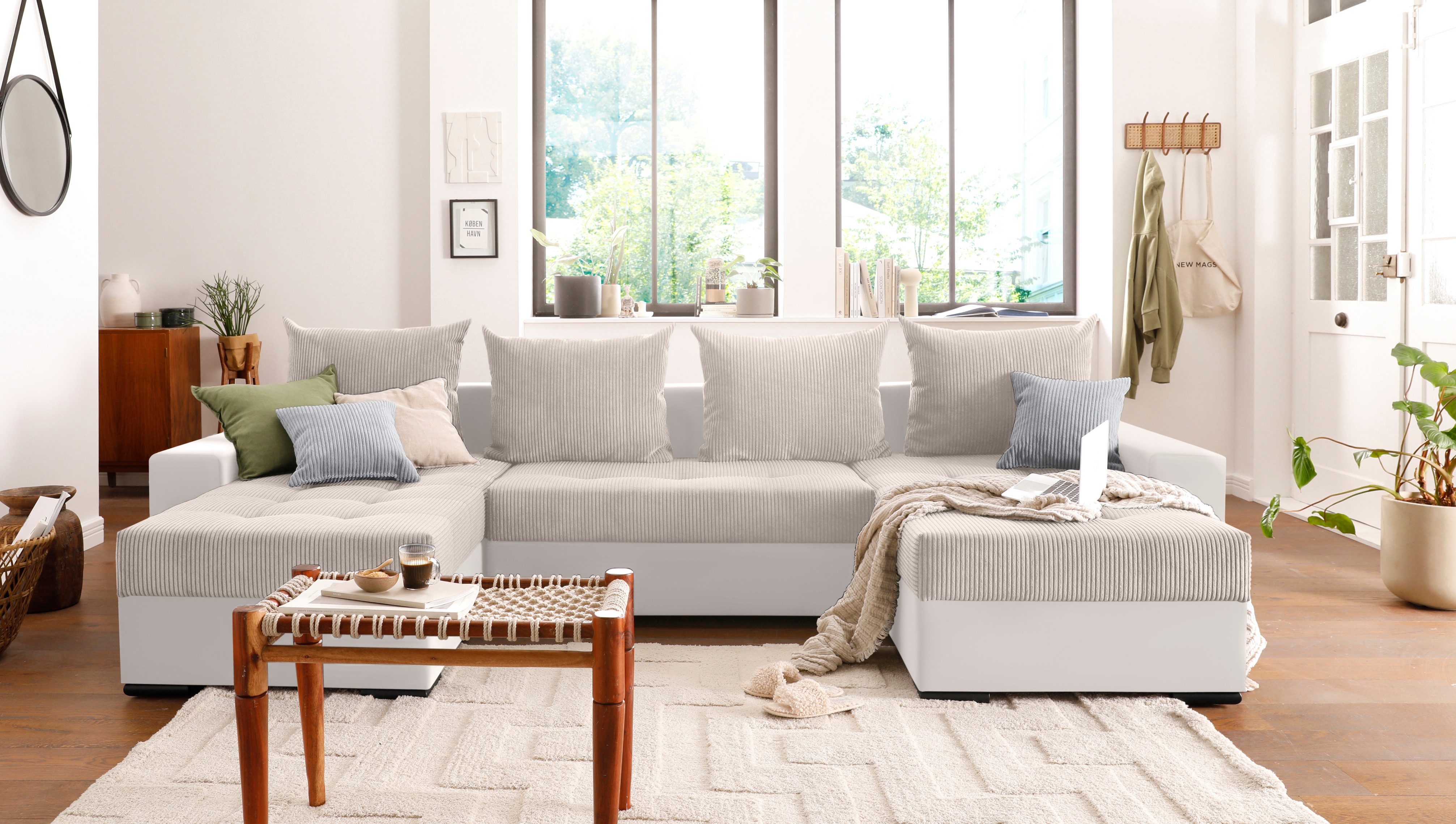 COLLECTION AB Zithoek XL-Josy U-vorm, breedte 313 cm, cord-/mix incl. bedfunctie, bedlade, met 4 gelijk grote rugkussens