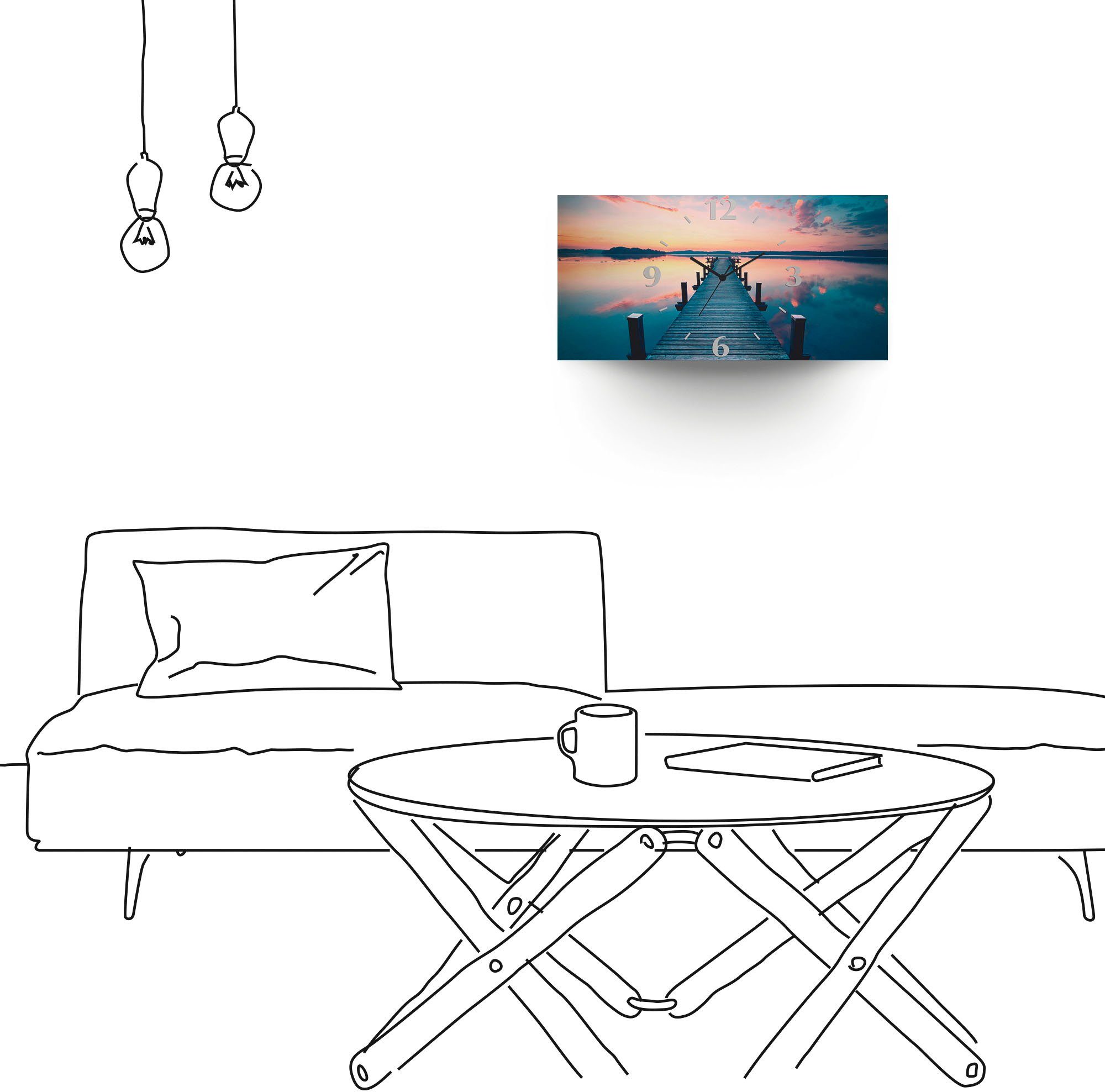Artland Wandklok Lange pier aan het meer in zonsopkomst 3d-look geschulpt, met kwarts- of radiografisch uurwerk, verschillende maten