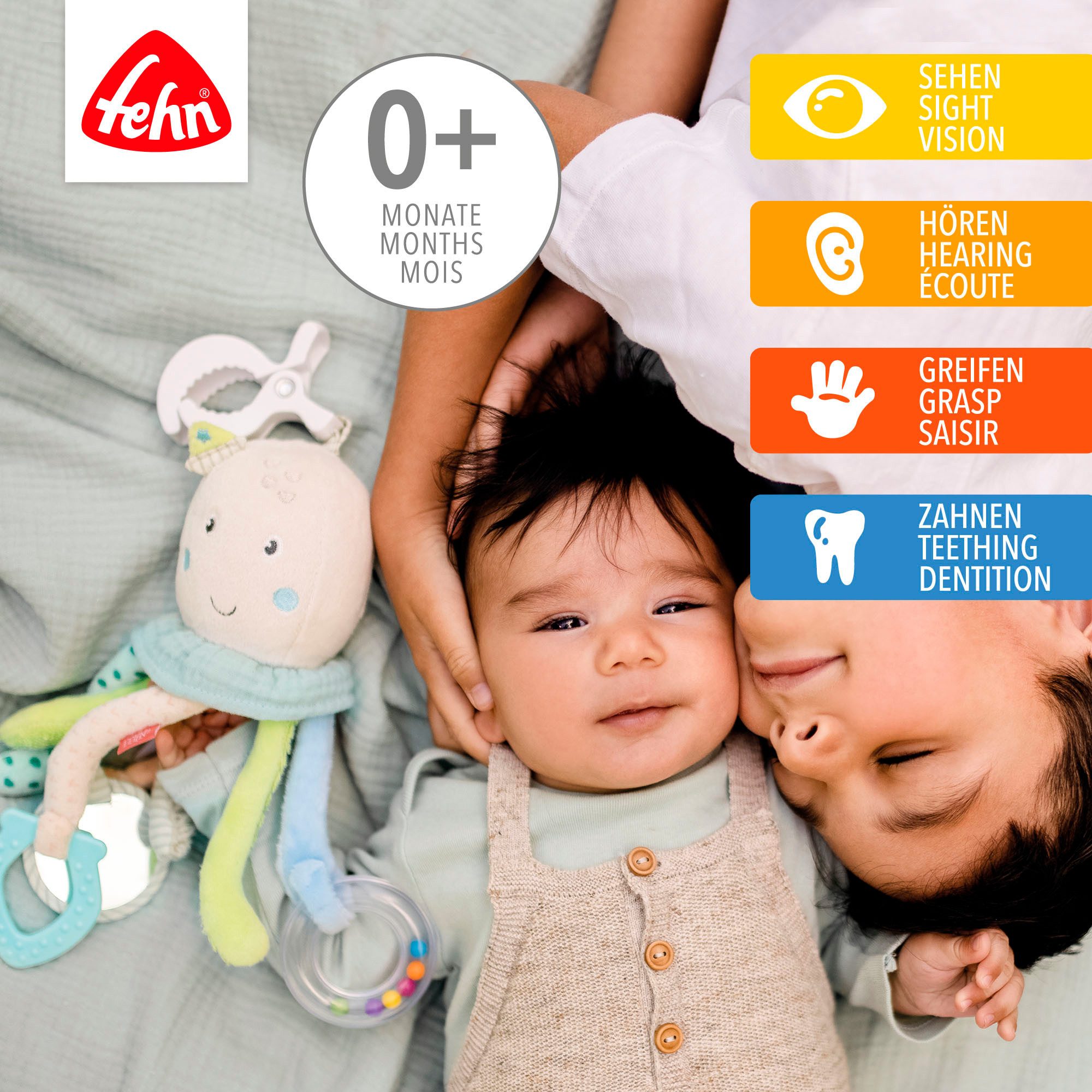 Fehn Grijpspeeltje Zeekinderen, activiteit-octopus ter bevestiging aan kinderwagen, babyzitje of bed
