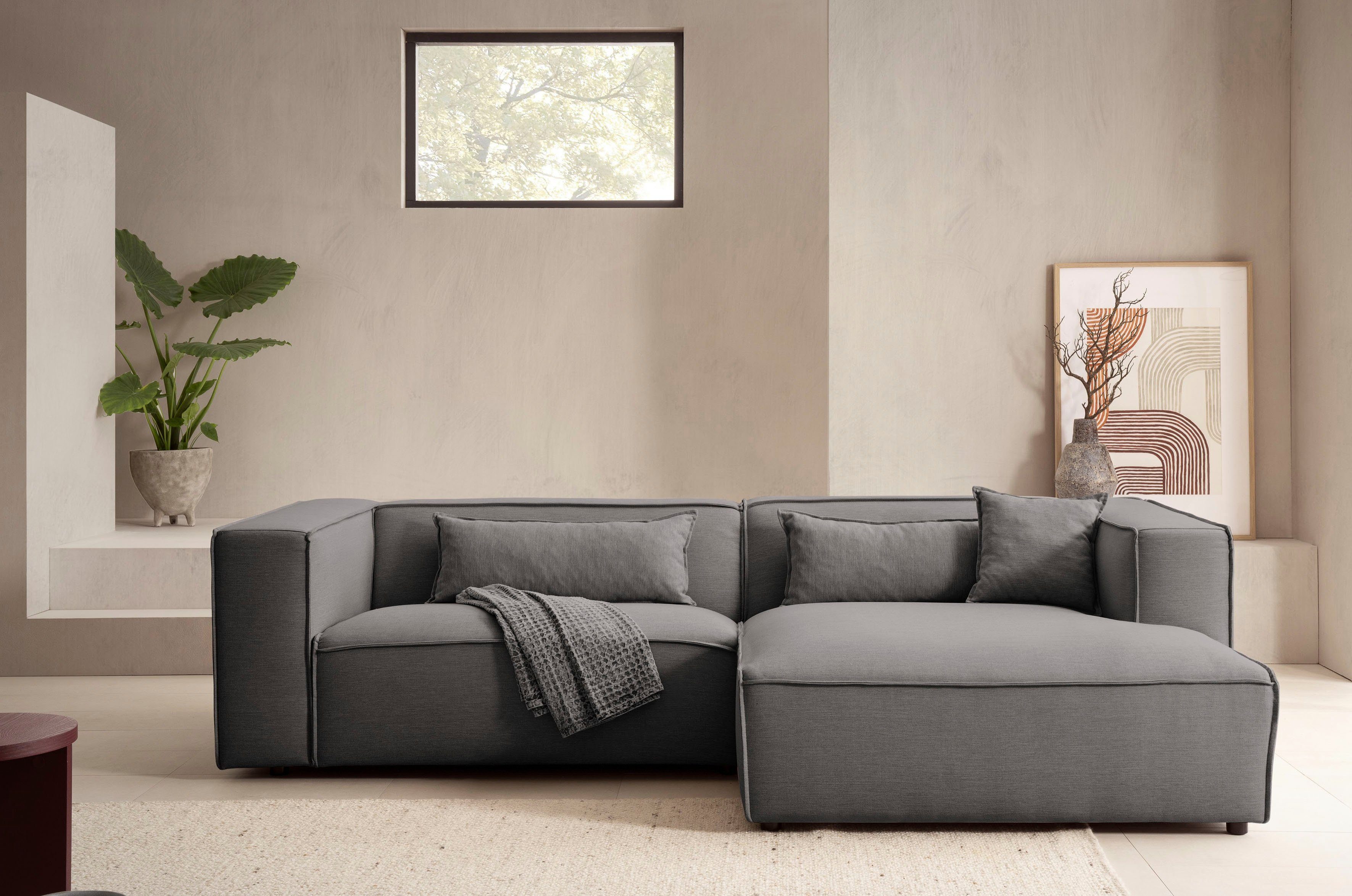 LeGer Home by Lena Gercke Hoekbank PIARA met biesnaad in cord of linnenlook, moderne bank in L-vorm keuze ottomaan rechts/links, zwarte voeten, comfortabel zitcomfort