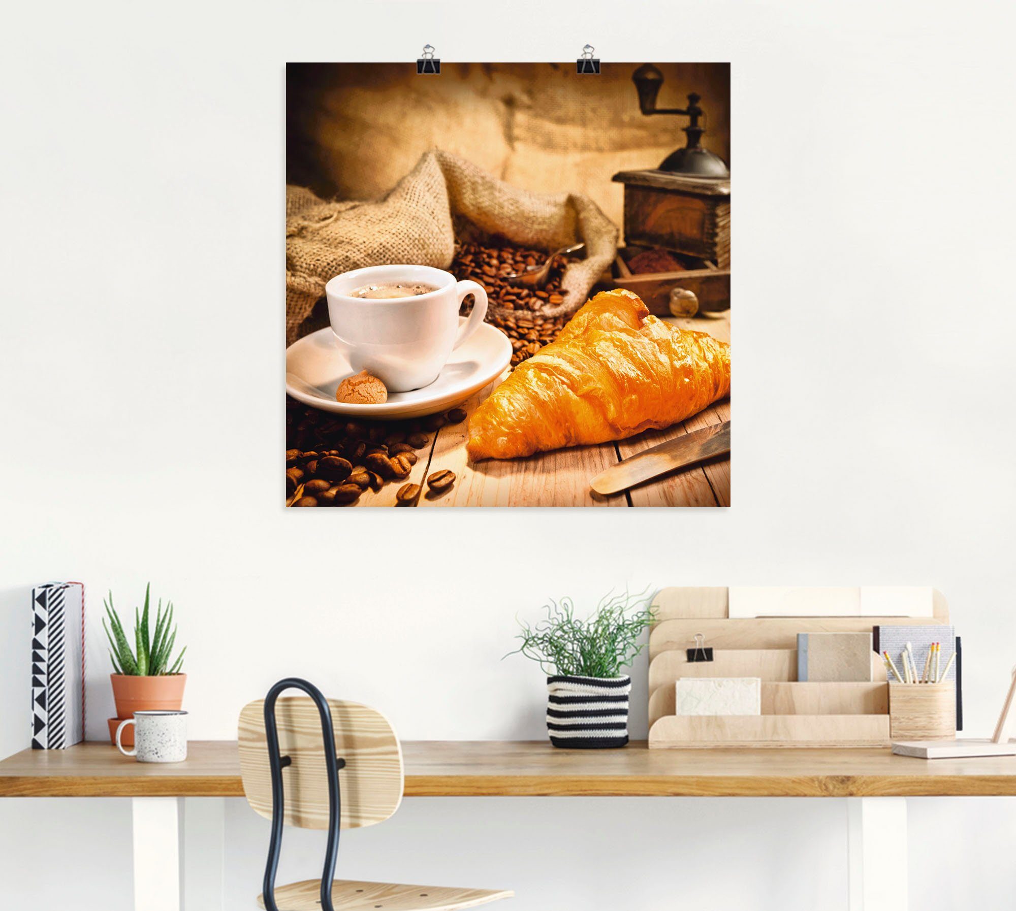 Artland Artprint Koffiekopje met croissant als artprint op linnen, poster in verschillende formaten maten