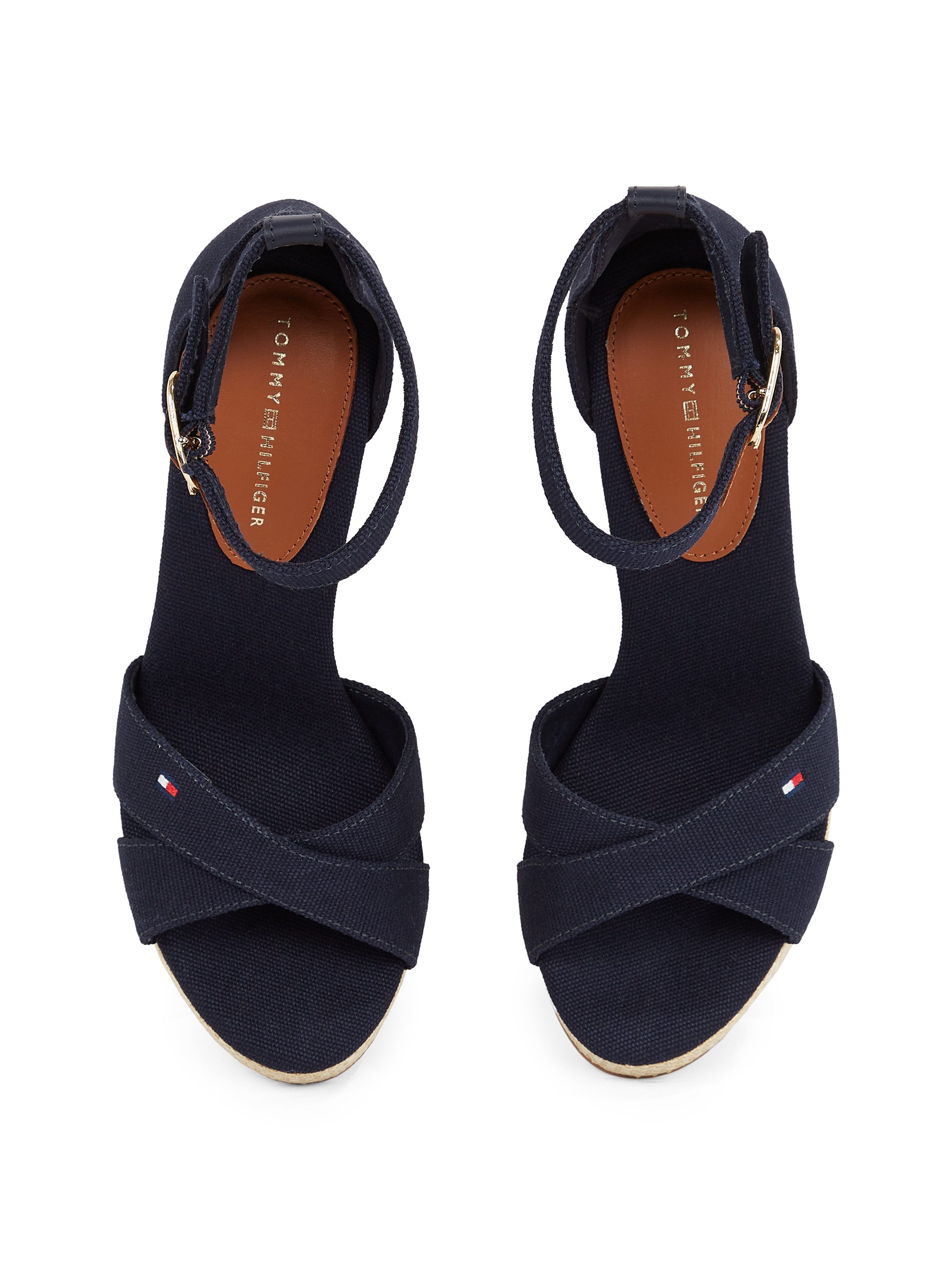 Tommy Hilfiger Highheel sandaaltjes FLAG HIGH WEDGE ESPAD CRISSCROSS , riemchensandaal, zomerschoen, sleehaksandalette, verstelbare gesp