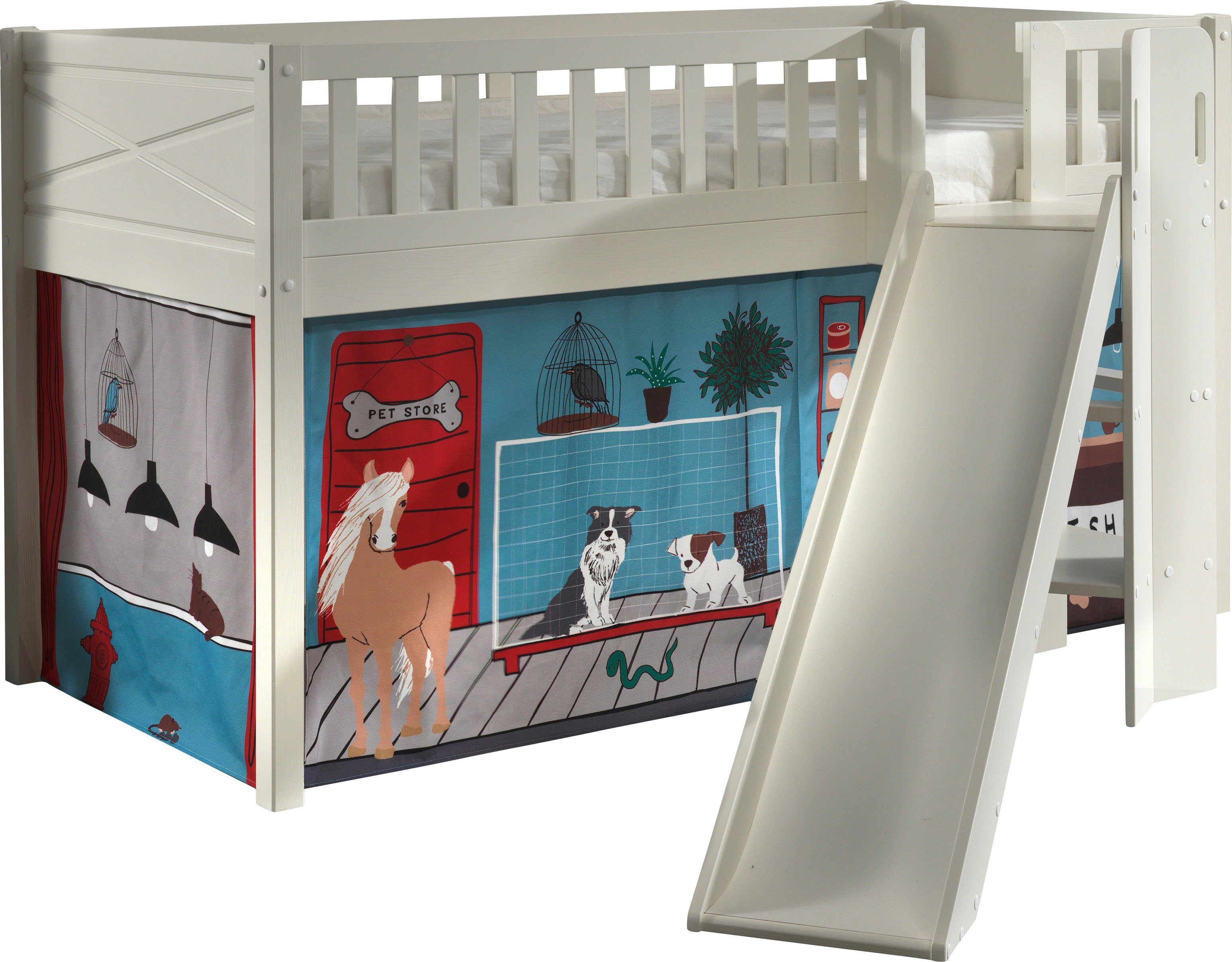Vipack Hoogslaper Scott m. glijbaan/ladder toren, ligoppervlak 90 x 200 cm, doek, tunnel, 7 designs hoogslapers wit