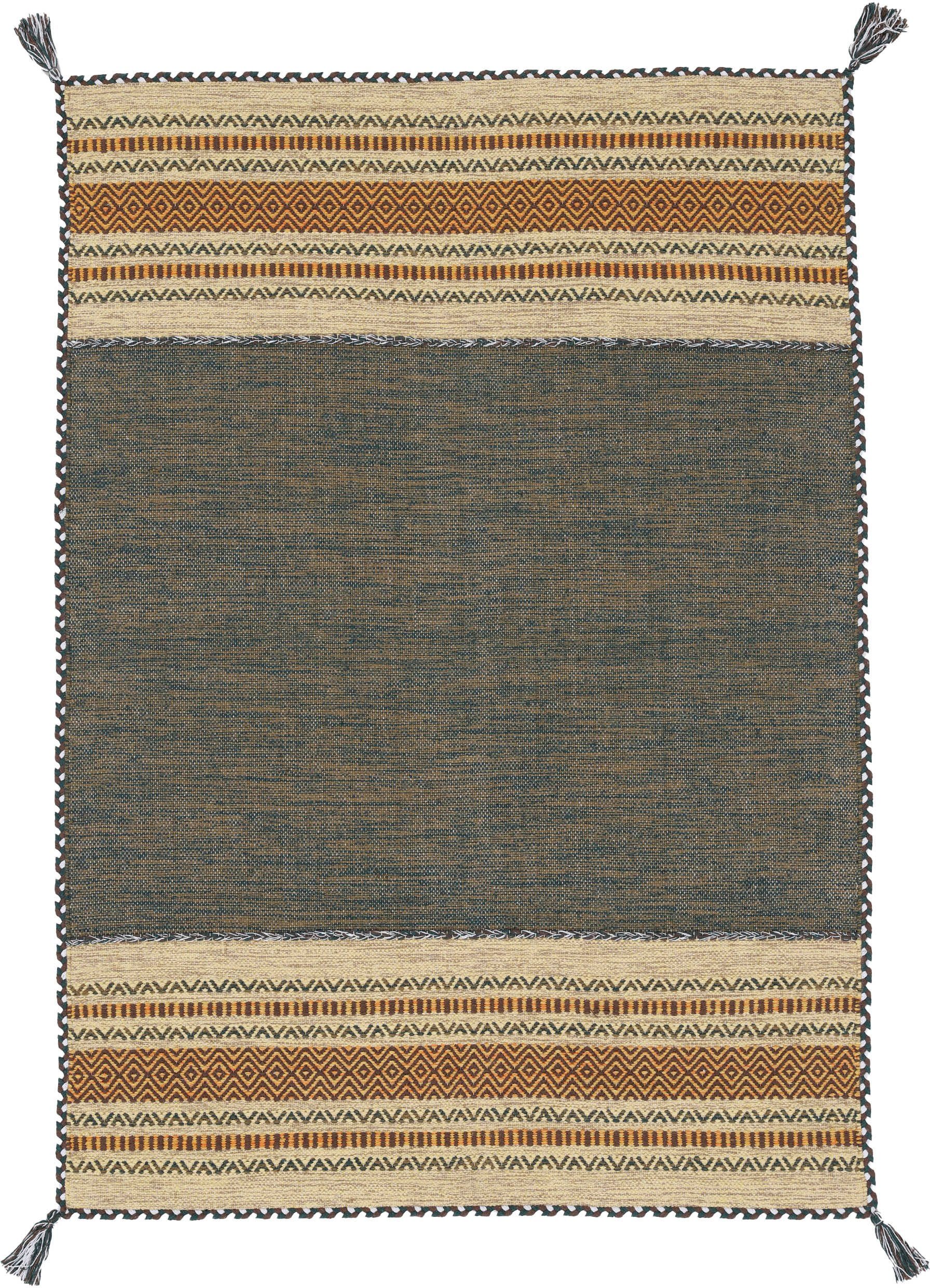 carpetfine Vloerkleed Kelim Azizi Katoenen, tweezijdig te gebruiken kleed met franje, woonkamer moderne vloerkleden maat 240x340 cm groen
