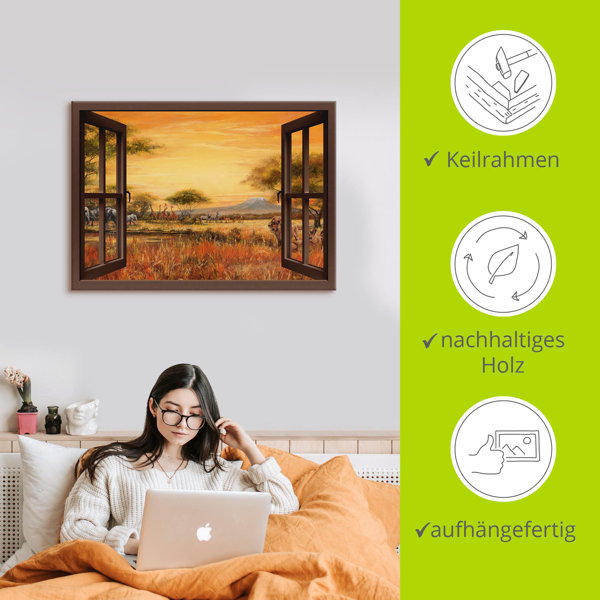 Artland Artprint Blik uit het venster Afrikaanse steppe leeuwen als artprint op linnen, muursticker in verschillende maten