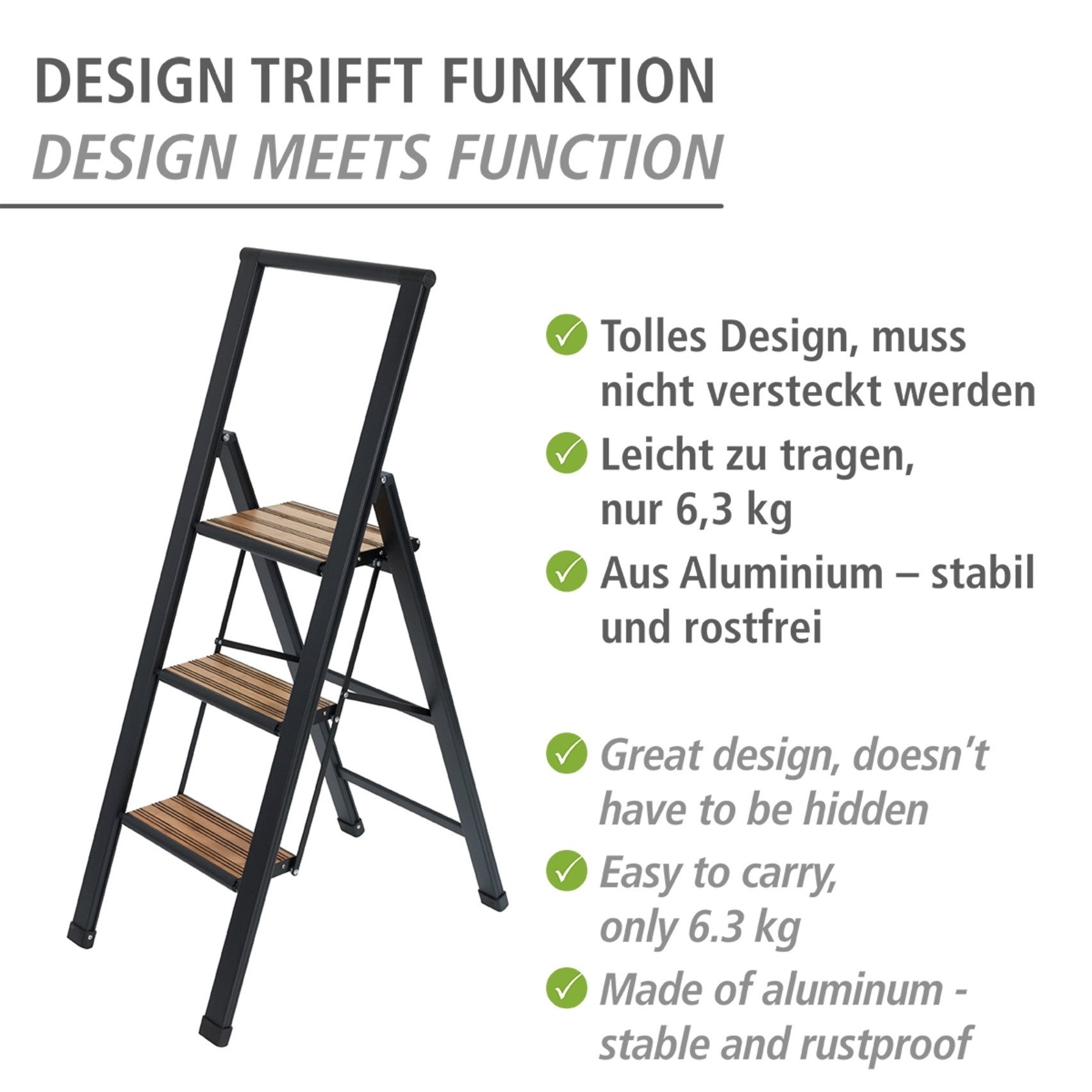 WENKO Huishoudtrapje Model Alu-Design Aluminium-design, XXL-treden, robuust aluminium in combinatie met bamboe