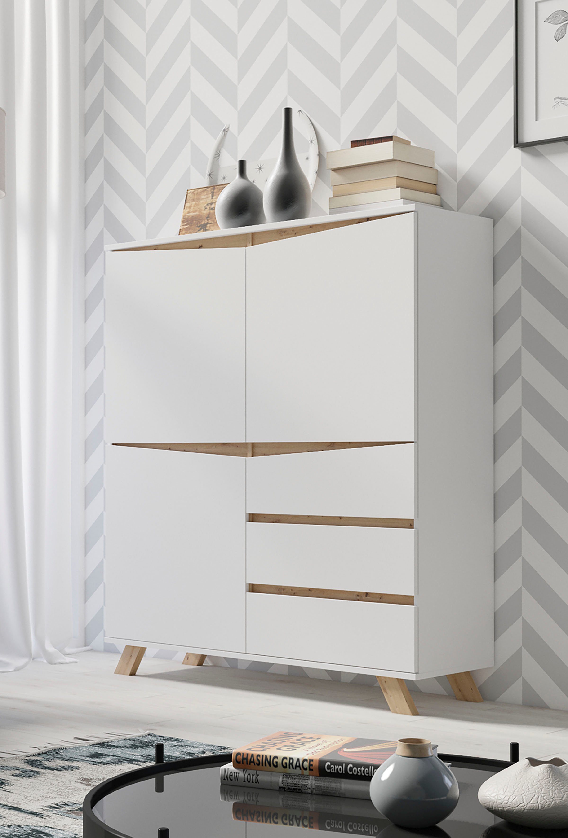 INOSIGN Highboard VALENTIN 3 lades en 3 deuren, breedte 120 cm in modern scandi-design